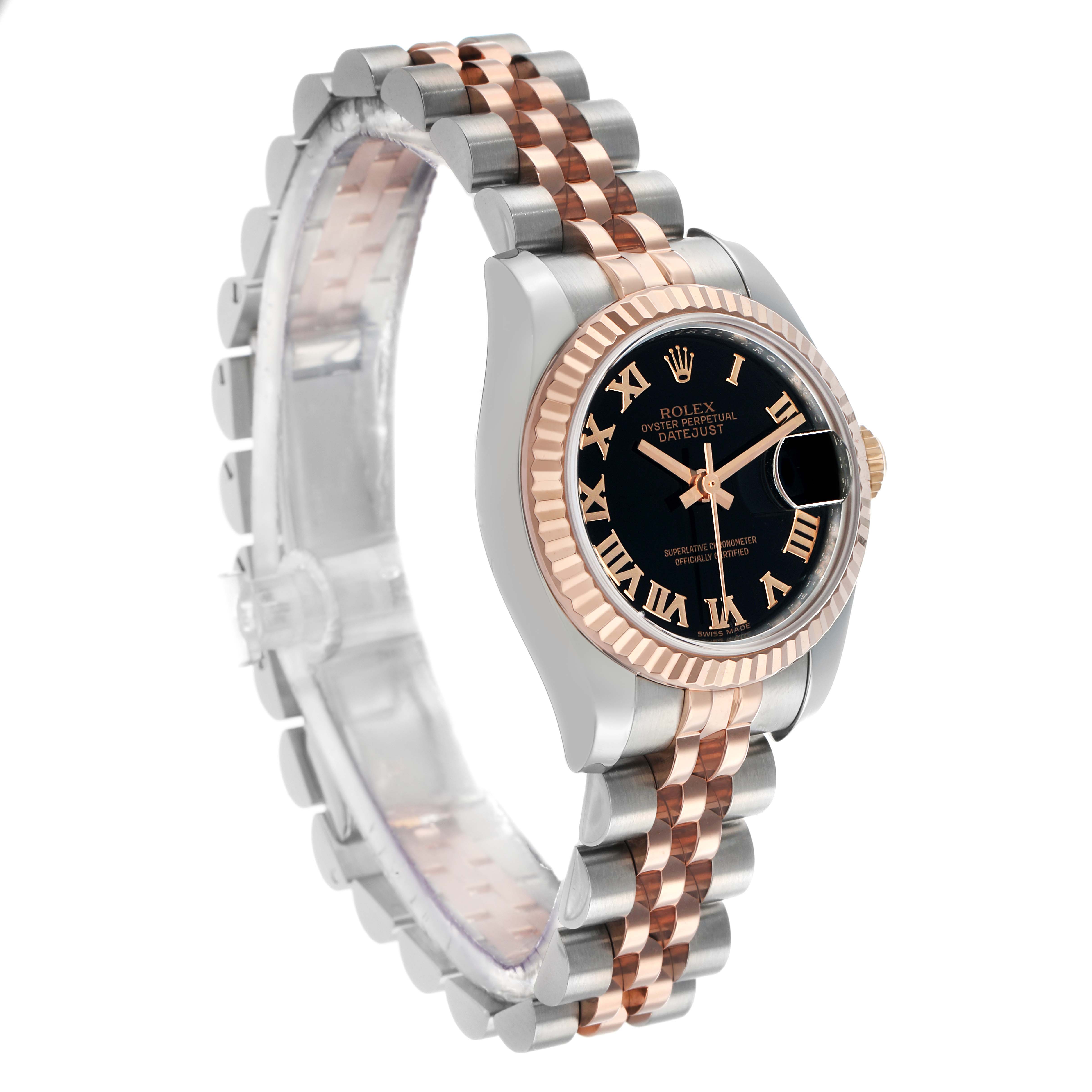 The Rolex Datejust 179171 Women's Steel and Gold (two tone) Black Dial is shown at a side angle, displaying the face, fluted bezel, and two-tone bracelet.