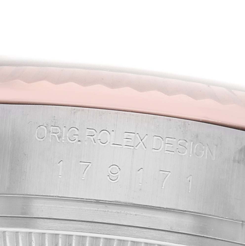 The image shows the side of a Rolex Datejust 179171 Women's Steel and Gold (two tone) Black Dial watch, focusing on the engraved case with "ORIG. ROLEX DESIGN" and model number.