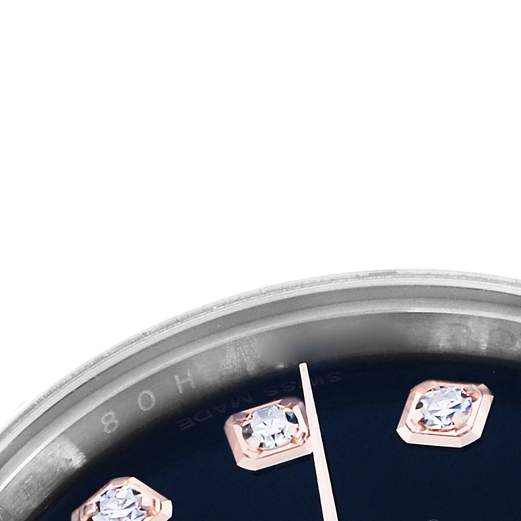 The image shows a close-up of a Rolex Datejust 179171 Women's Steel and Gold (two tone) Black Dial watch dial, focusing on diamond hour markers and part of the bezel.