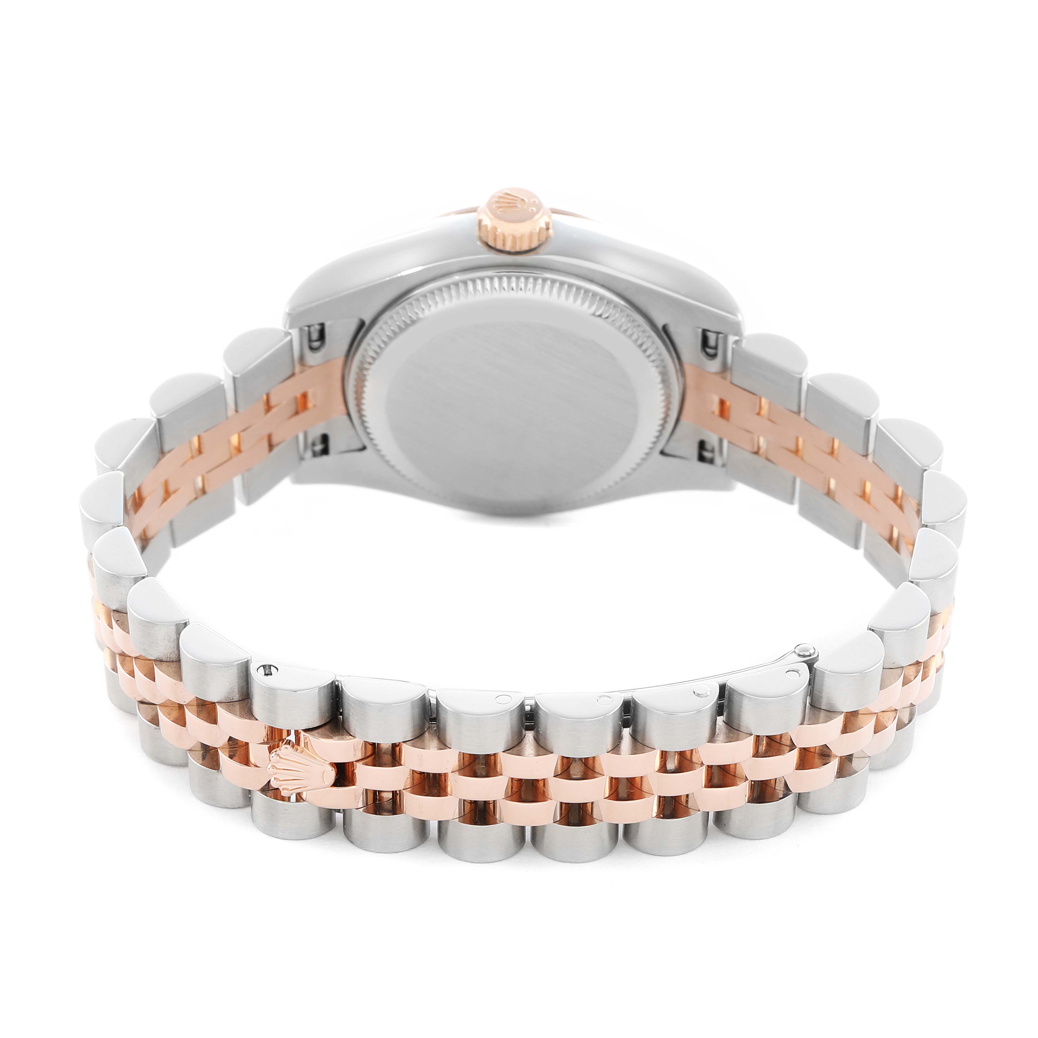 The image shows the back of a Rolex Datejust 179171 Women's Steel and Gold (two tone) Black Dial watch, highlighting the case back and two-tone bracelet links.