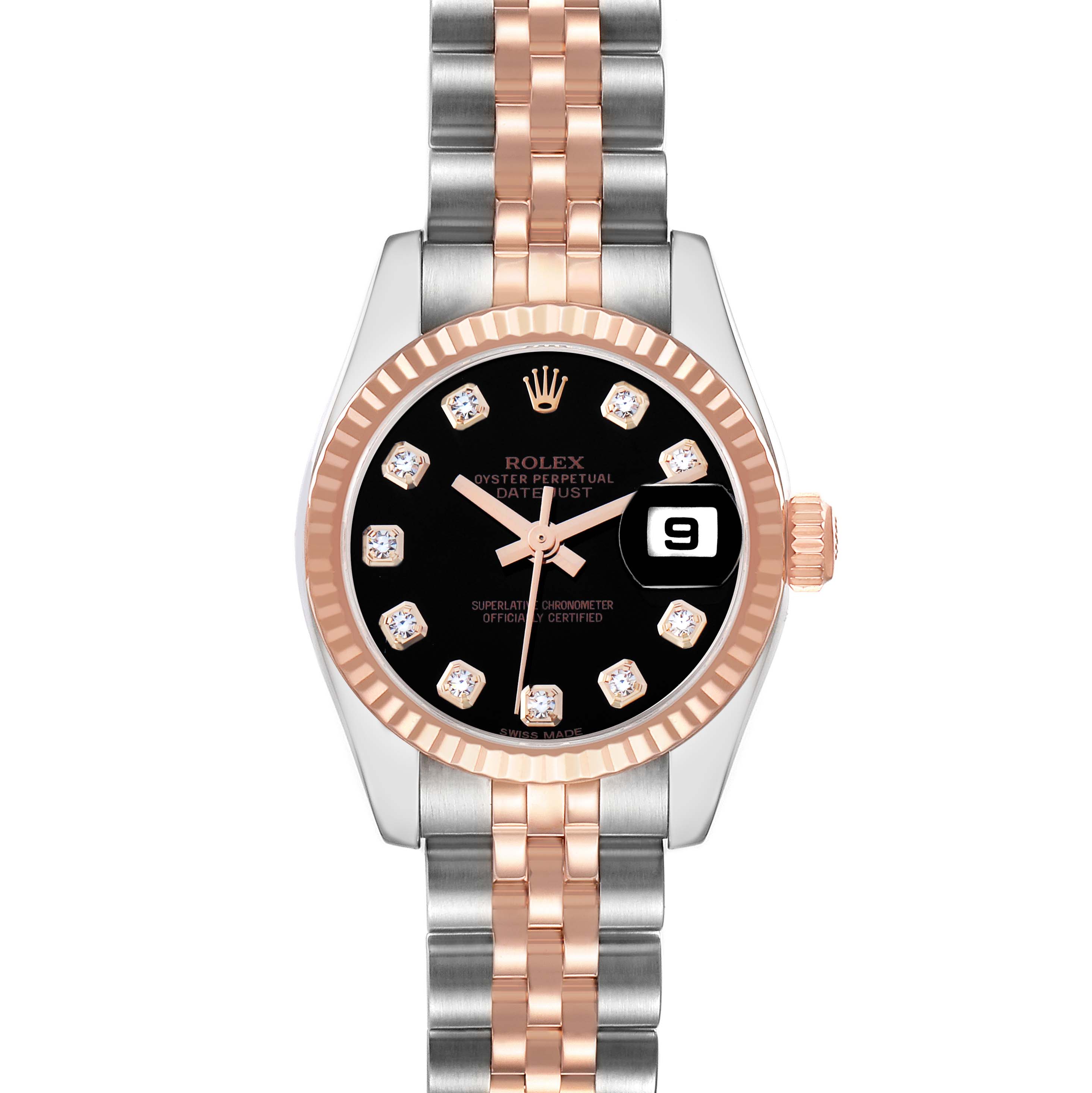 The Rolex Datejust 179171 Women's Steel and Gold (two tone) Black Dial watch is shown from a top view, displaying the dial, bezel, crown, and part of the bracelet.