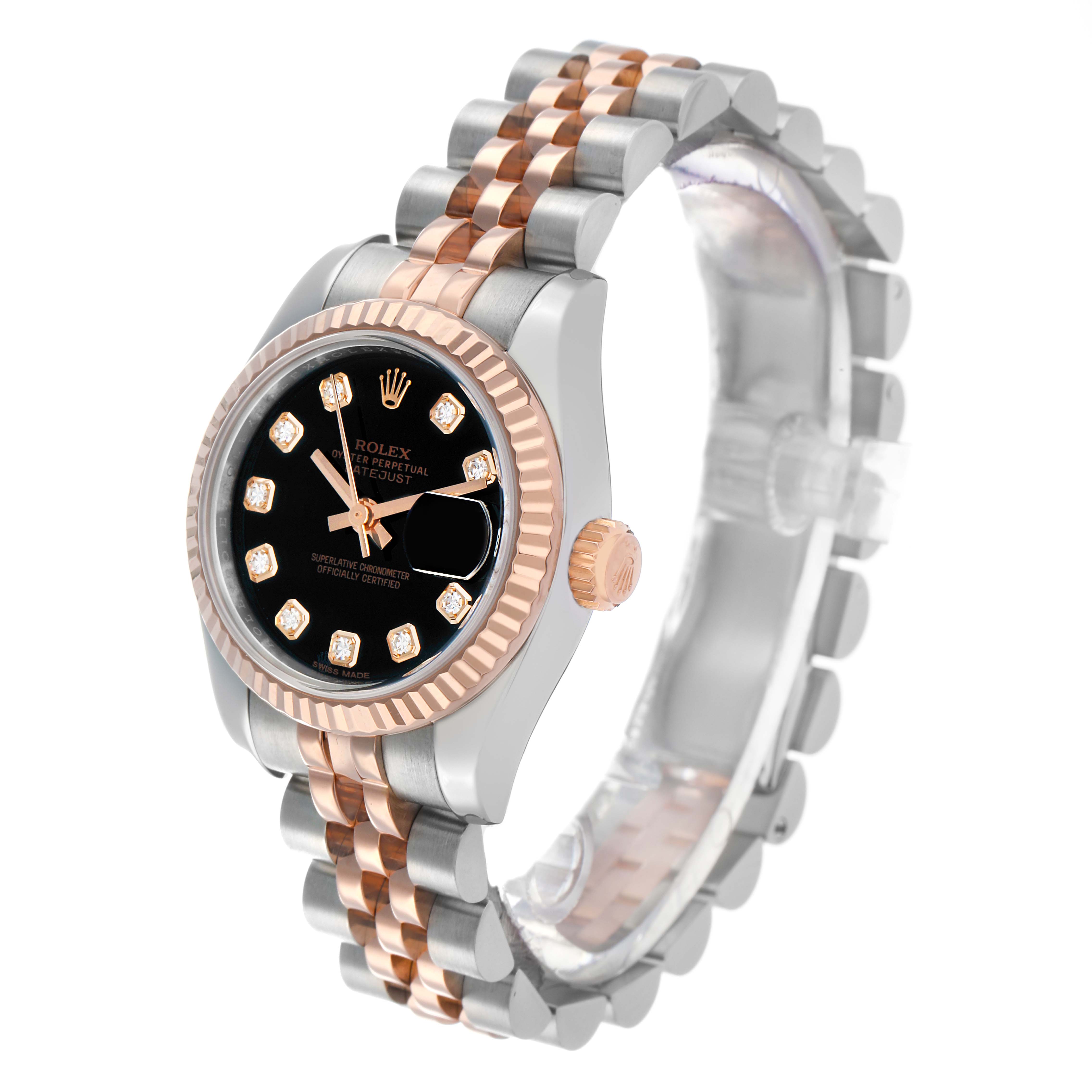 The Rolex Datejust 179171 Women's Steel and Gold (two tone) Black Dial watch is shown at a slight side angle, highlighting the face, bezel, crown, and two-tone bracelet.