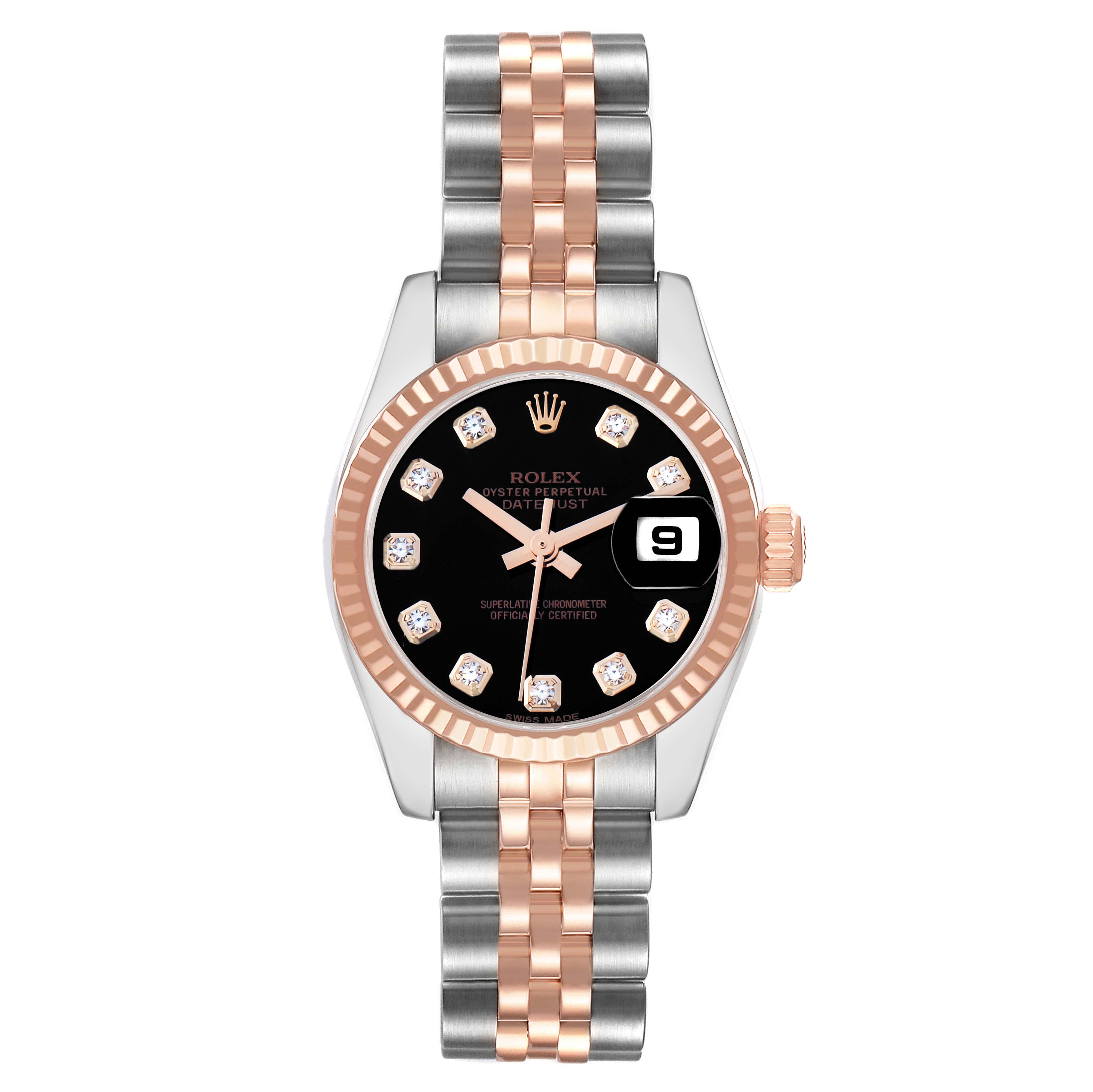 The Rolex Datejust 179171 Women's Steel and Gold (two tone) Black Dial watch is shown from a front angle, highlighting its face, bezel, and two-tone bracelet.