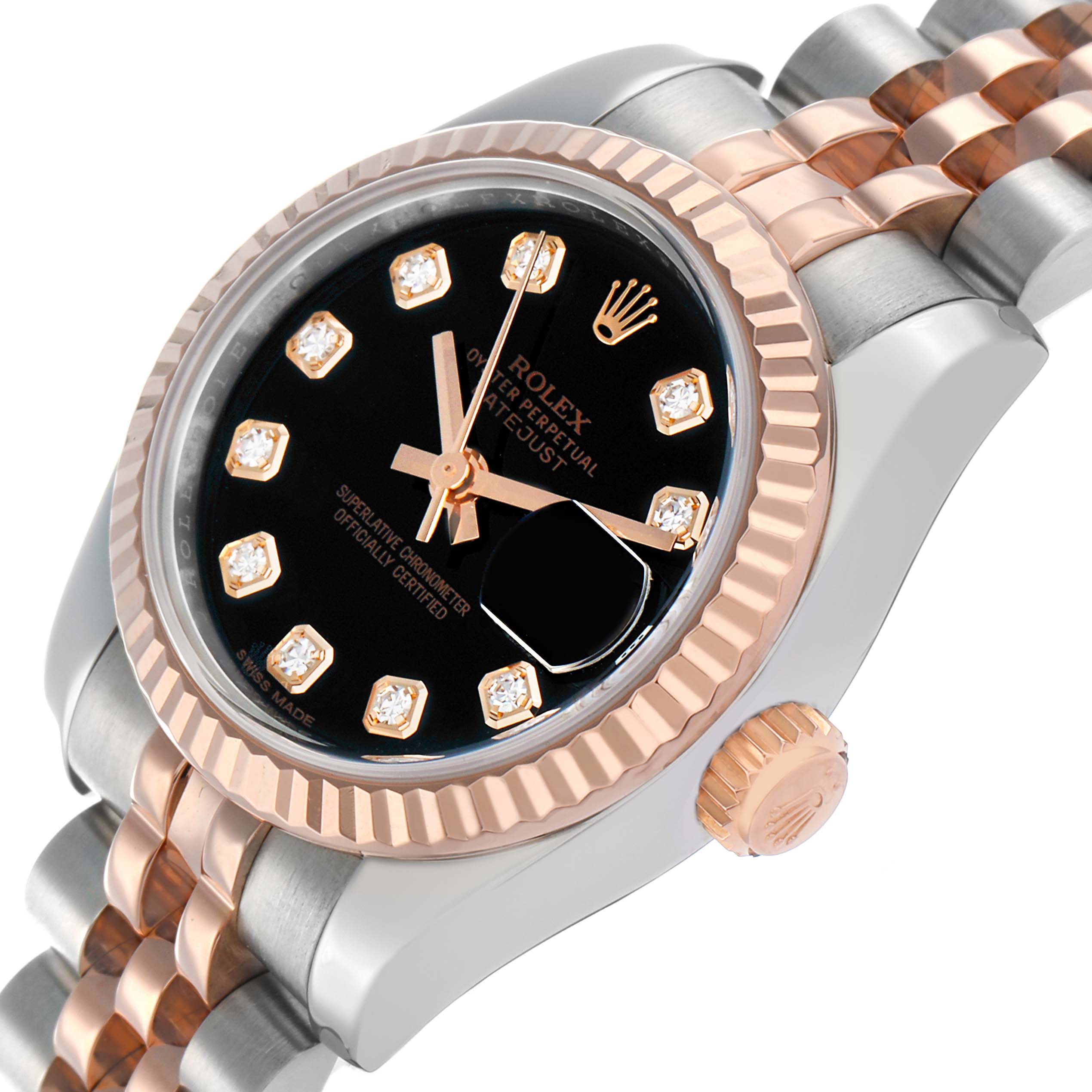 The image shows a Rolex Datejust 179171 Women's Steel and Gold (two tone) Black Dial from an angled view, highlighting the bezel, dial, crown, and part of the bracelet.