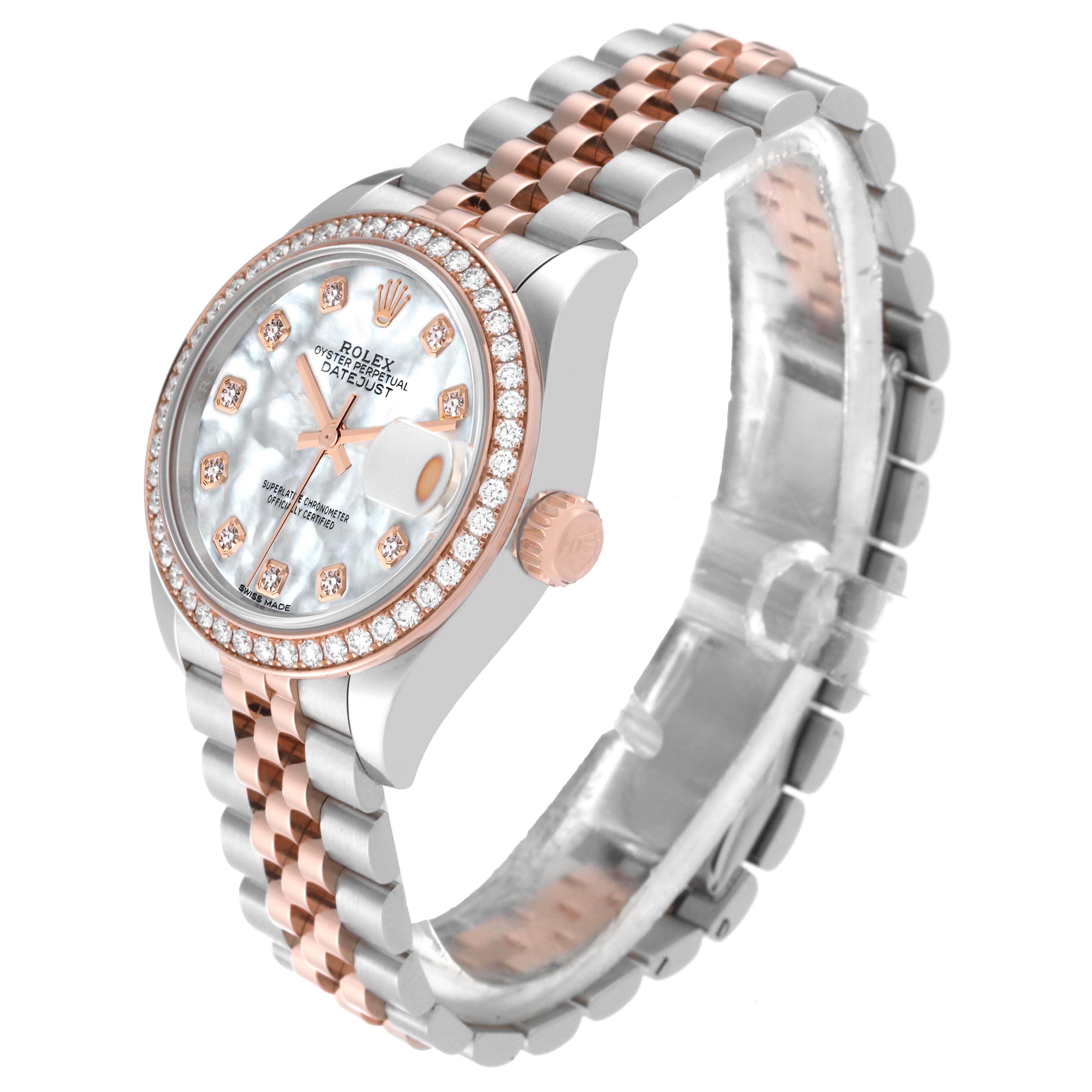 The image shows a side angle of a Rolex Datejust 279381RBR Women's Steel and Gold (two tone) Mother of Pearl Dial 279381RBR Women's Steel and Gold (two tone) Mother of Pearl Dial watch, displaying its face, bezel, crown, and two-tone bracelet.