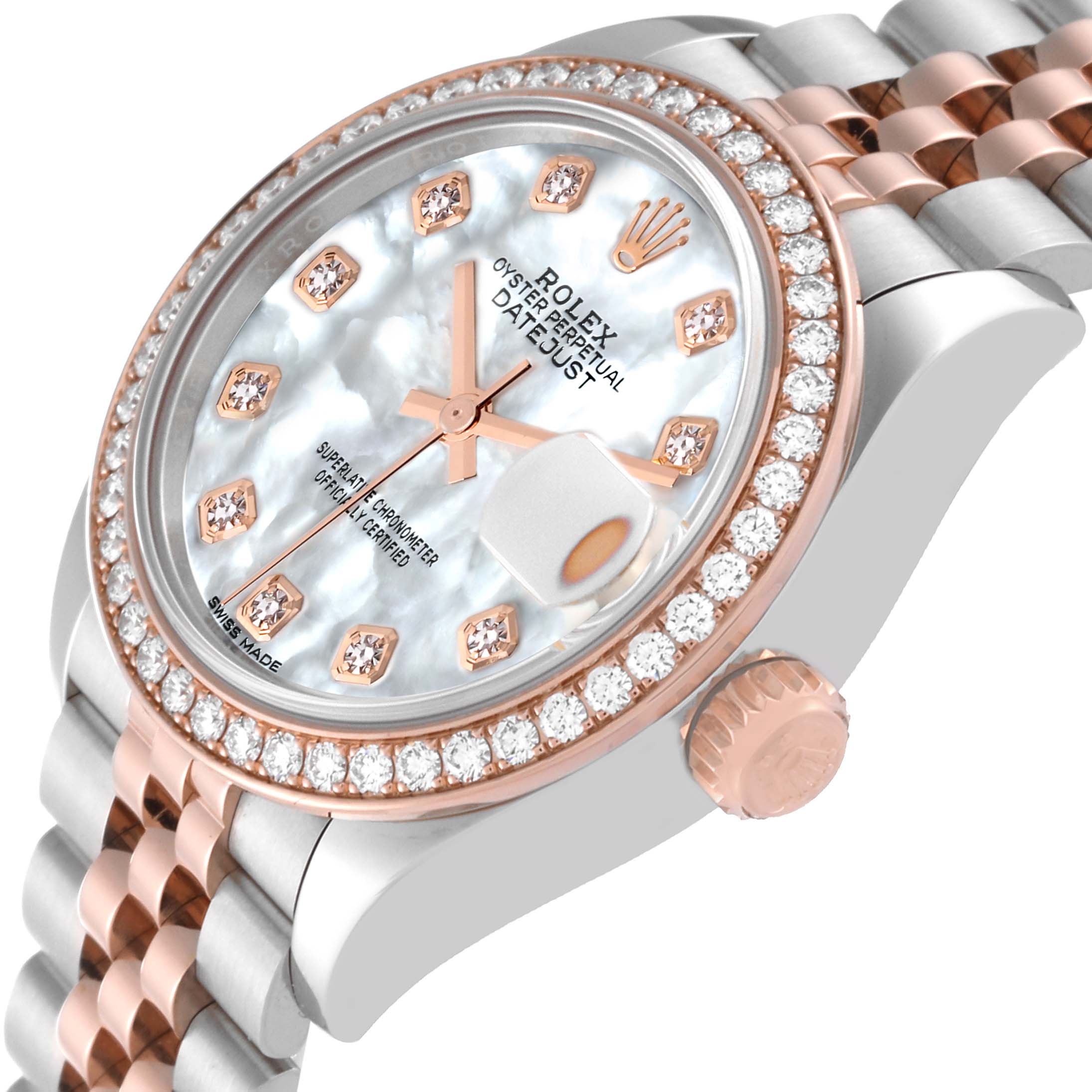 This image shows a close-up angle of the Rolex Datejust 279381RBR Women's Steel and Gold (two tone) Mother of Pearl Dial 279381RBR Women's Steel and Gold (two tone) Mother of Pearl Dial watch, highlighting the face, bezel, and part of the bracelet.