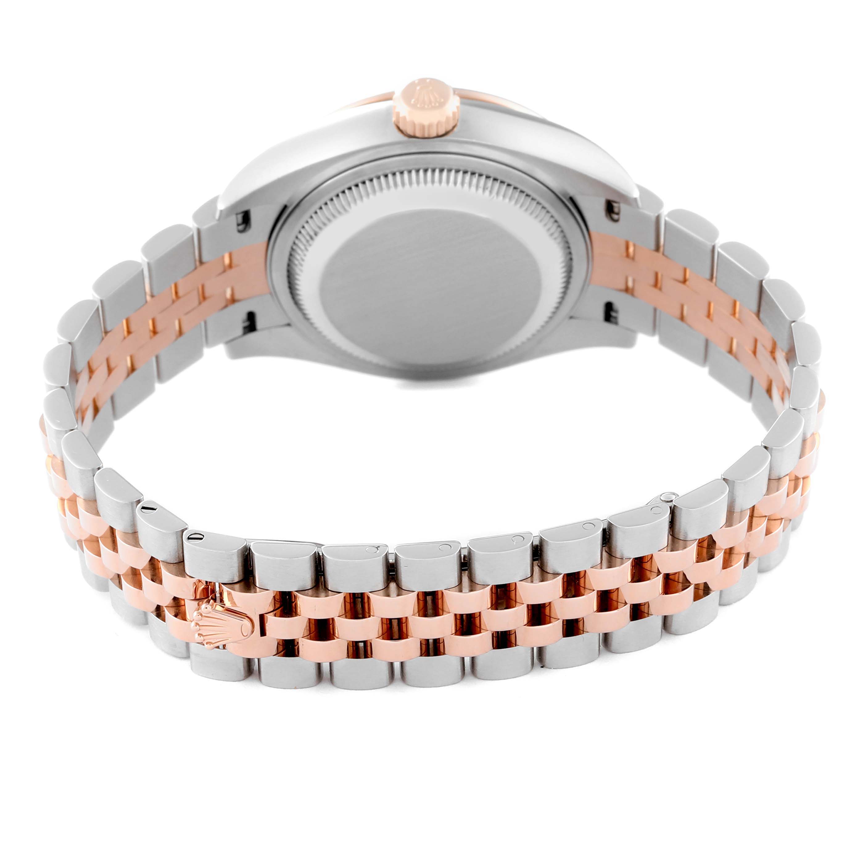 This image displays the back view, bracelet, and crown of a Rolex Datejust 279381RBR Women's Steel and Gold (two tone) Mother of Pearl Dial 279381RBR Women's Steel and Gold (two tone) Mother of Pearl Dial watch, highlighting its two-tone design.