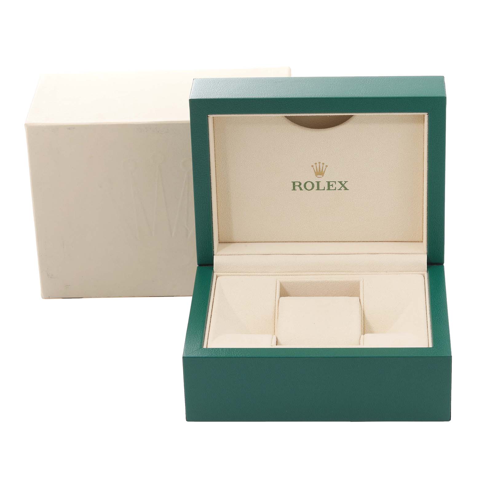 This image shows the open packaging box for a Rolex Datejust 279381RBR Women's Steel and Gold (two tone) Mother of Pearl Dial 279381RBR Women's Steel and Gold (two tone) Mother of Pearl Dial watch, featuring a green and beige color scheme.