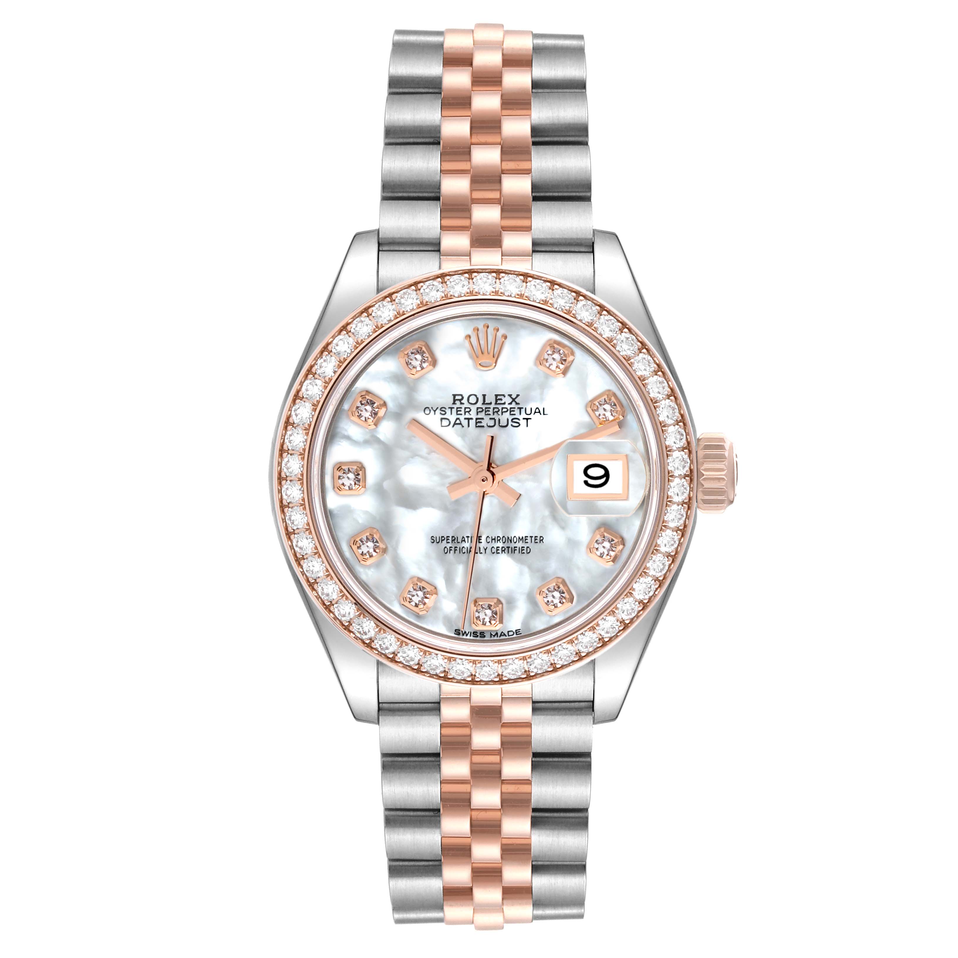 The image shows a Rolex Datejust 279381RBR Women's Steel and Gold (two tone) Mother of Pearl Dial 279381RBR Women's Steel and Gold (two tone) Mother of Pearl Dial watch from a front angle, highlighting its dial, bezel, and bracelet.