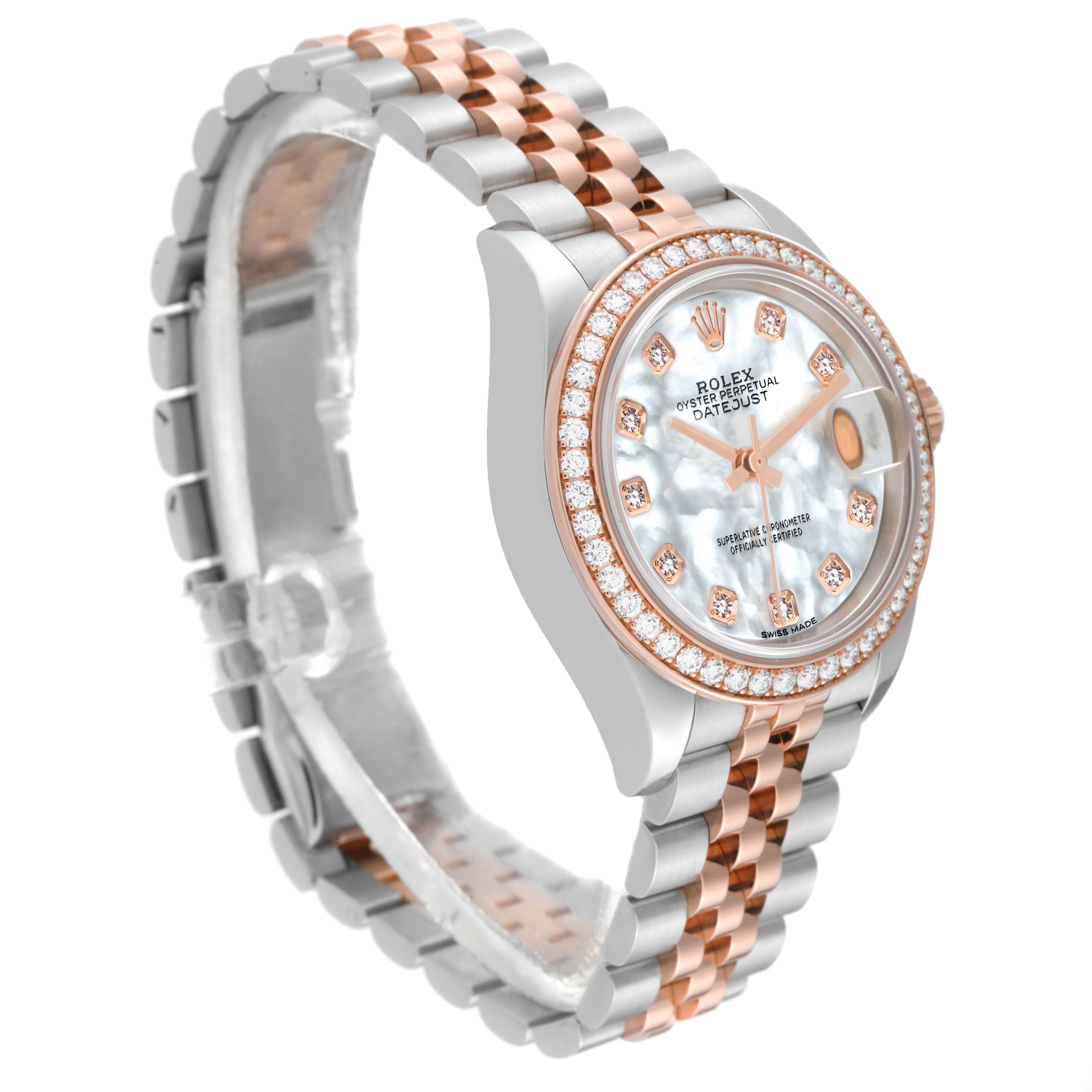 This image shows a side angle of a Rolex Datejust 279381RBR Women's Steel and Gold (two tone) Mother of Pearl Dial 279381RBR Women's Steel and Gold (two tone) Mother of Pearl Dial watch, highlighting its bracelet, dial, and diamond-studded bezel.