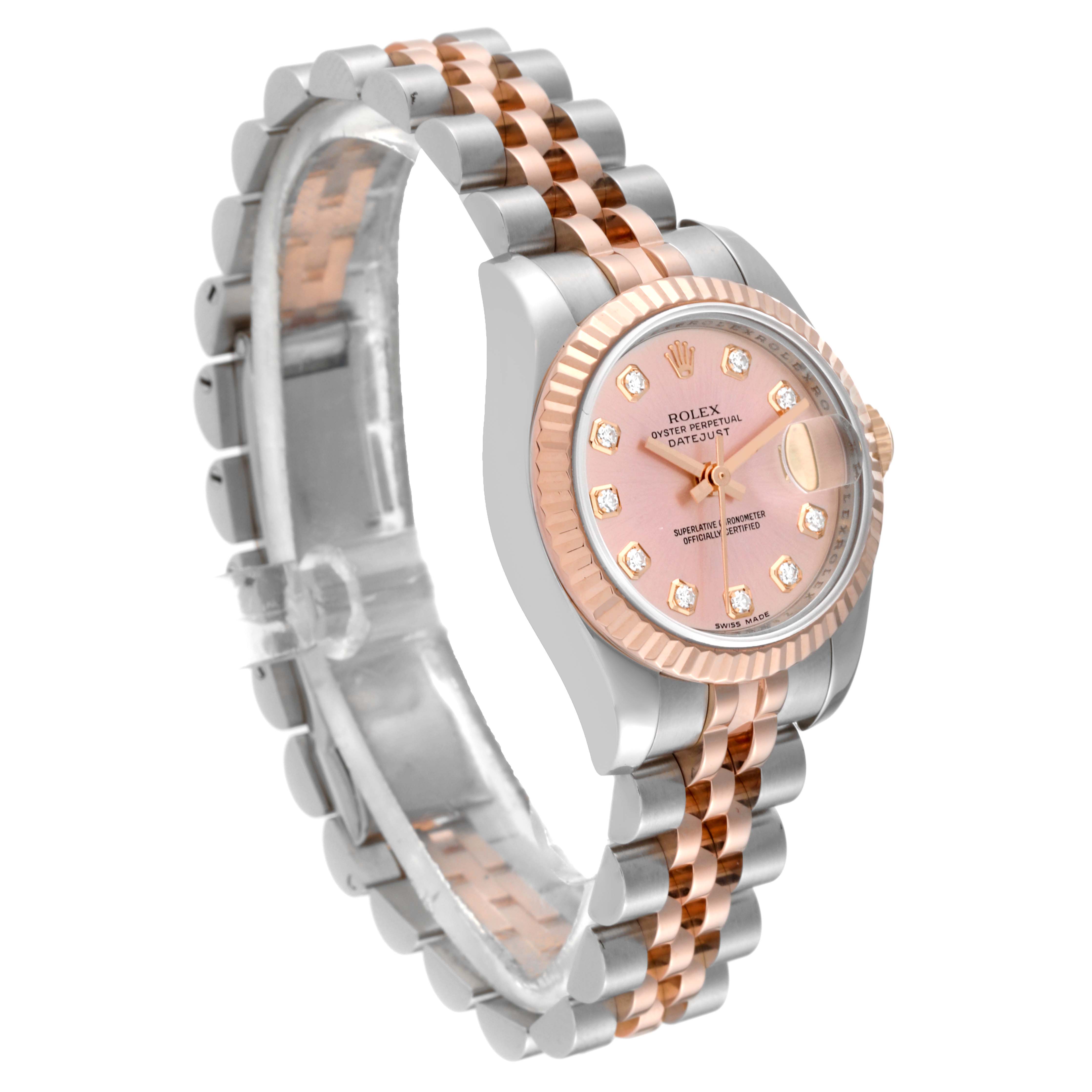 This Rolex Datejust 179171 Women's Steel and Gold (two tone) Pink Dial 179171 Women's Steel and Gold (two tone) Pink Dial watch is shown at a slight angle, highlighting its face and partially its two-tone bracelet.
