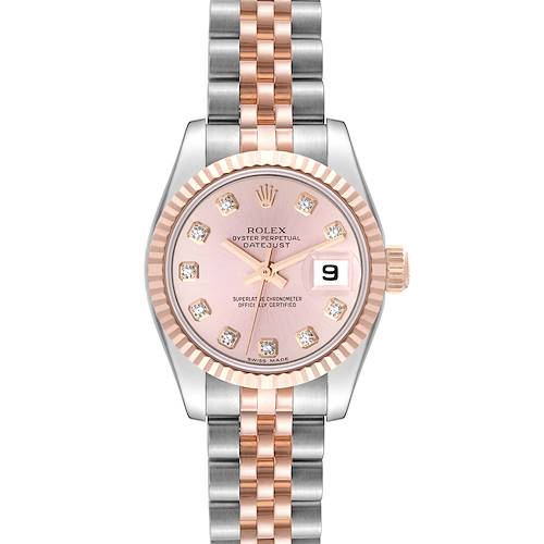 This image shows a frontal view of a Rolex Datejust watch with a pink dial, diamond hour markers, and a two-tone bracelet.