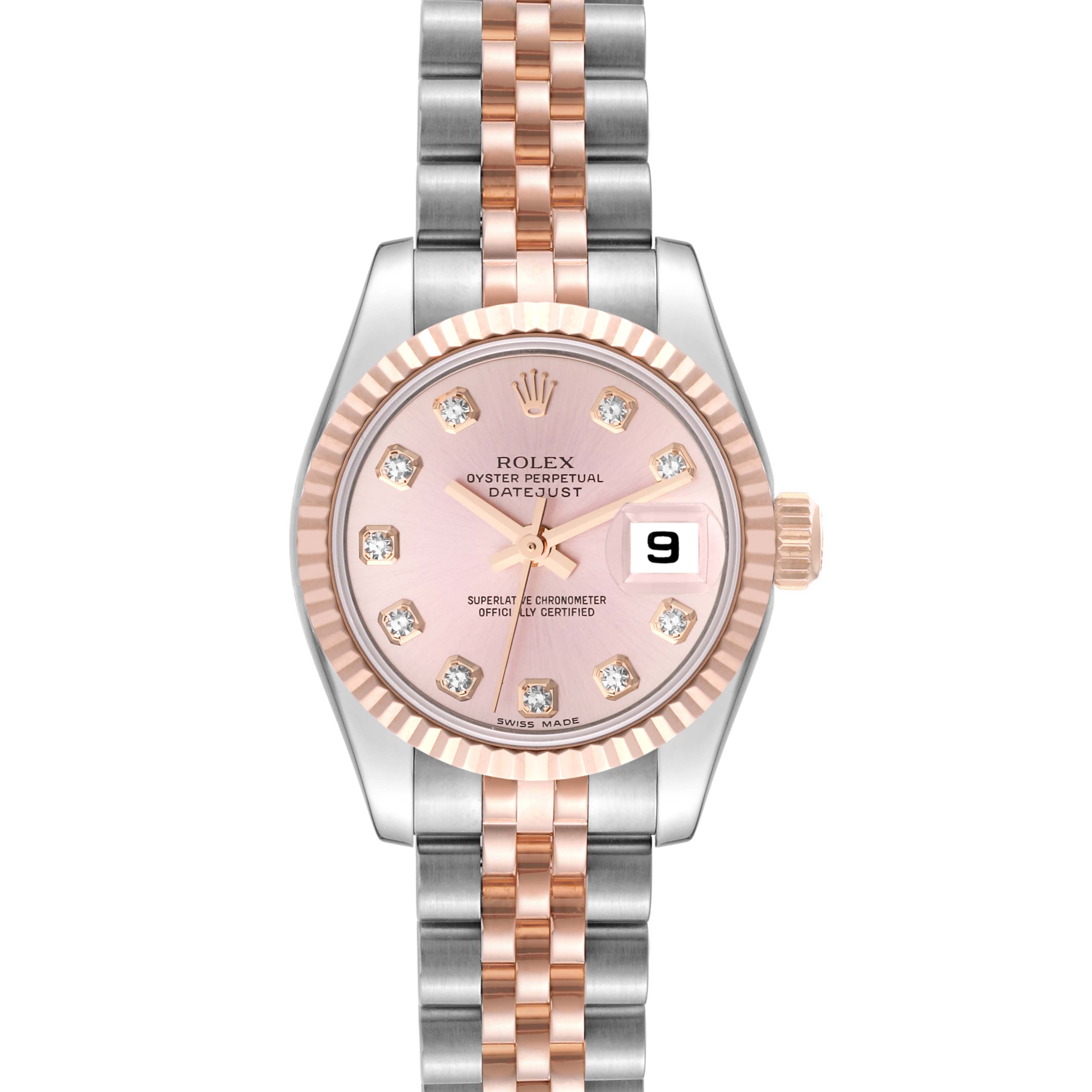 This image shows the front view of a Rolex Datejust 179171 Women's Steel and Gold (two tone) Pink Dial 179171 Women's Steel and Gold (two tone) Pink Dial watch, featuring a pink dial, diamond hour markers, and a two-tone bracelet.