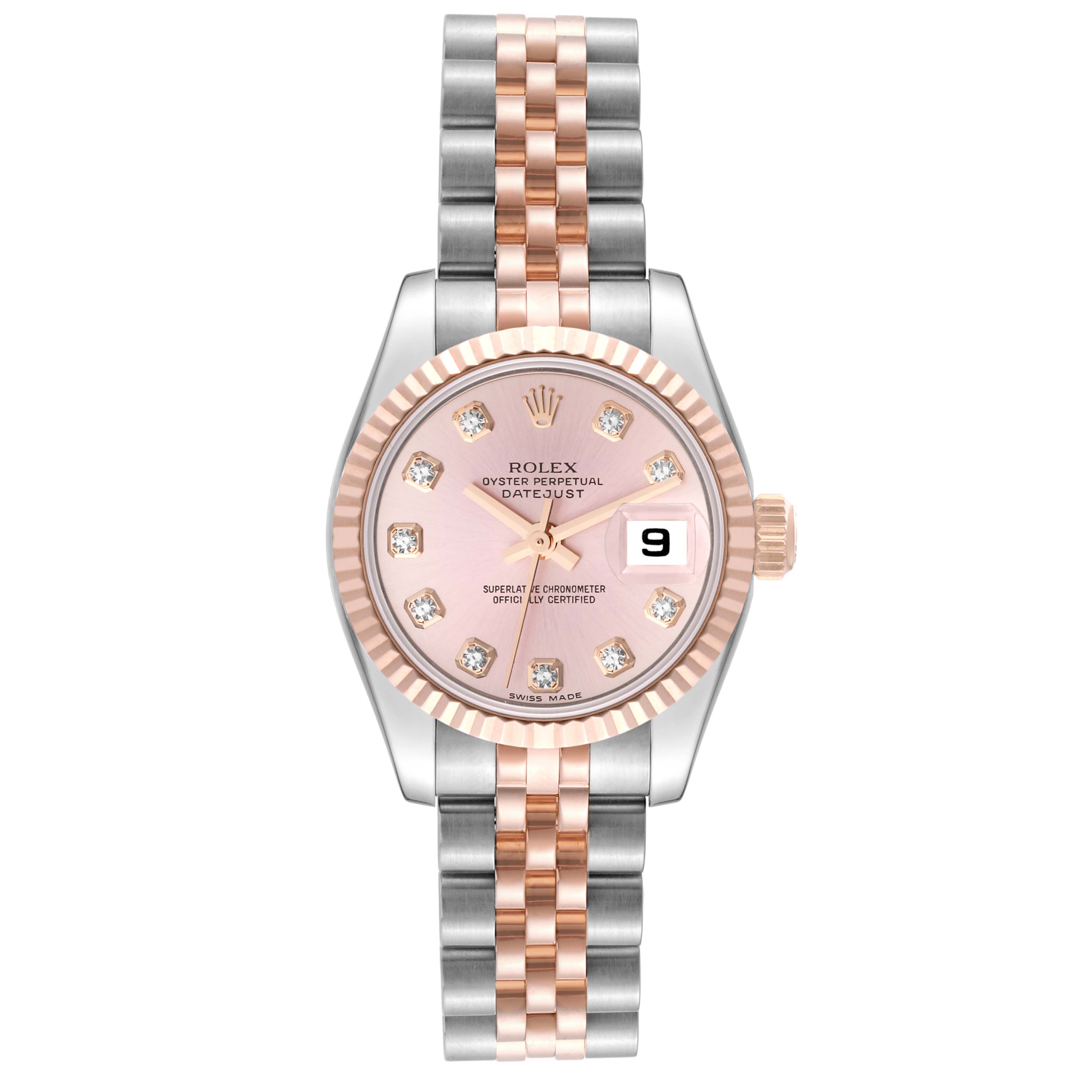 The image shows a front view of a Rolex Datejust 179171 Women's Steel and Gold (two tone) Pink Dial 179171 Women's Steel and Gold (two tone) Pink Dial watch, highlighting its dial, bezel, and bracelet.