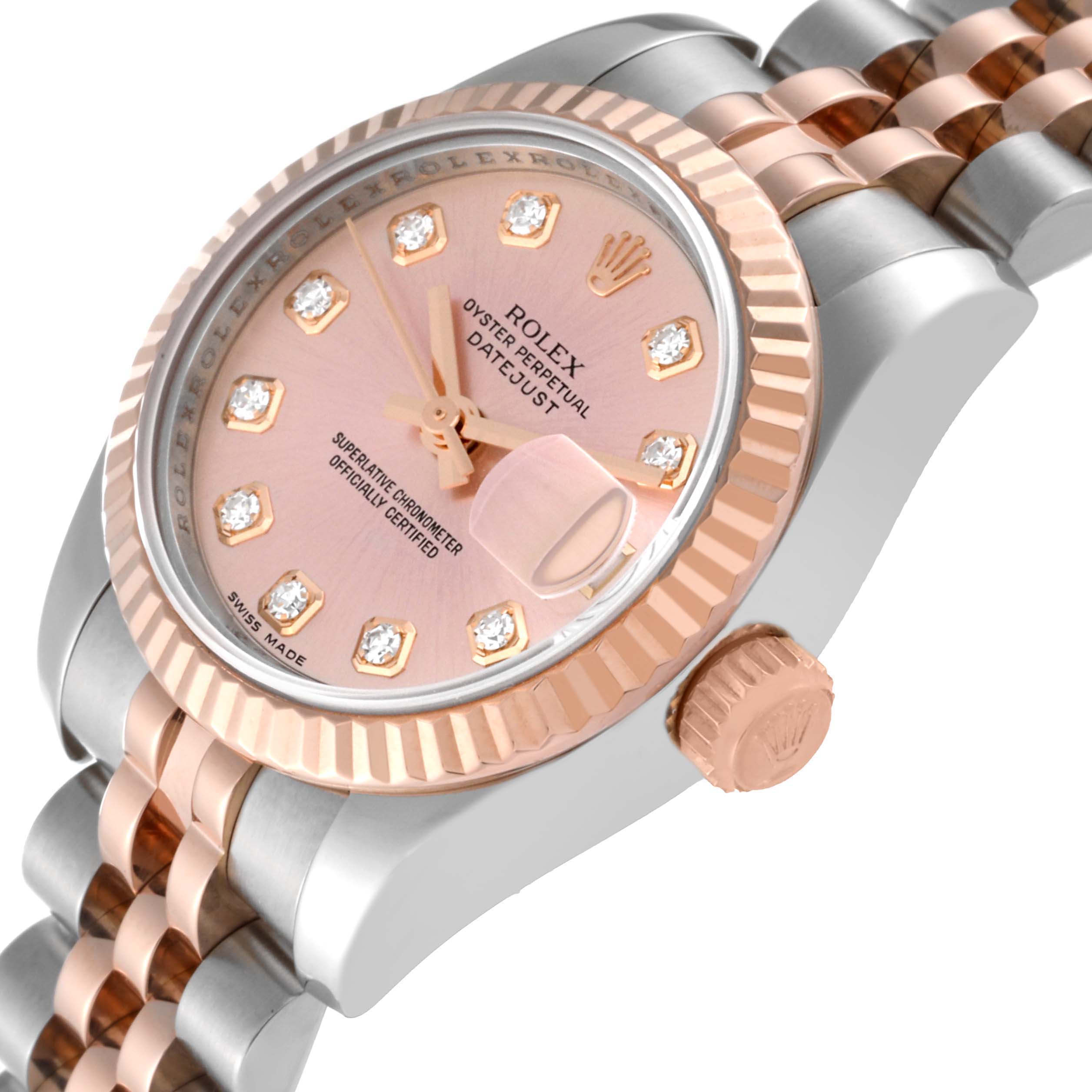 The Rolex Datejust 179171 Women's Steel and Gold (two tone) Pink Dial 179171 Women's Steel and Gold (two tone) Pink Dial watch is shown at an angle highlighting the dial, fluted bezel, and part of the bracelet.