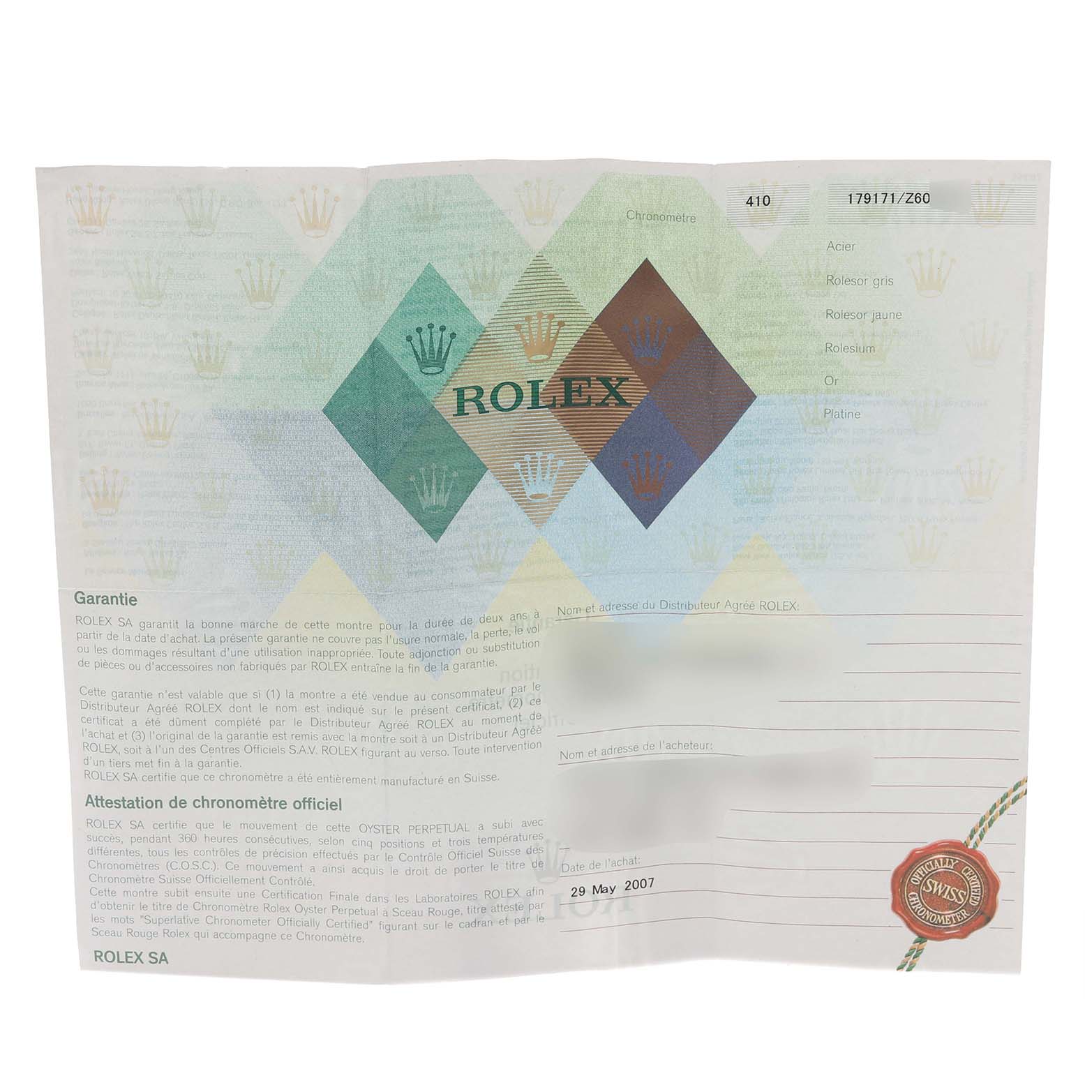 The image shows a warranty card for a Rolex Datejust 179171 Women's Steel and Gold (two tone) Pink Dial 179171 Women's Steel and Gold (two tone) Pink Dial watch, detailing materials and purchase information.