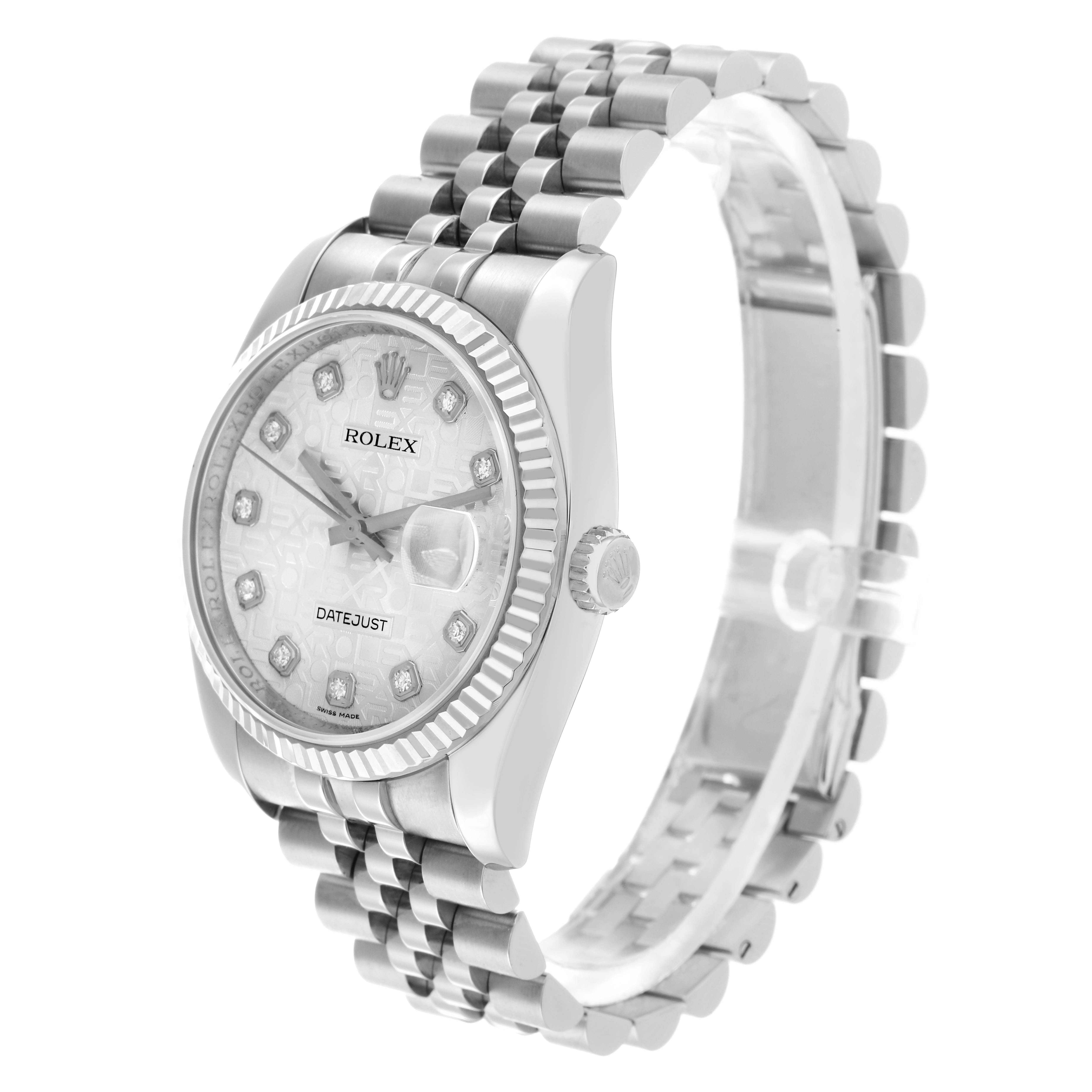 The Rolex Datejust 116234 Men
s Stainless Steel Silver Dial watch is shown at a three-quarter angle, highlighting the dial, bezel, crown, and bracelet.