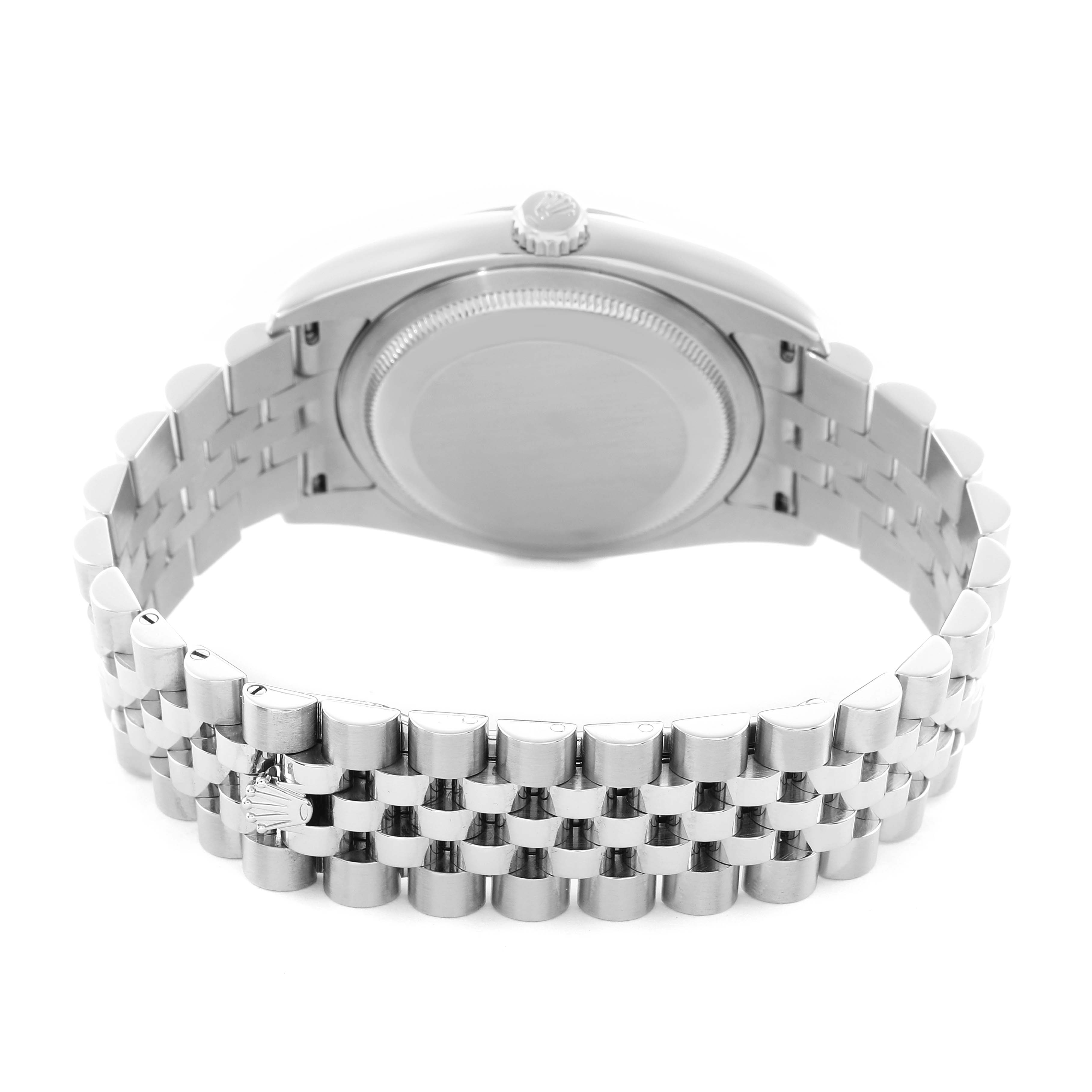 The image shows the back and bracelet of a Rolex Datejust 116234 Men
s Stainless Steel Silver Dial, highlighting the clasp and case back from a rear angle.