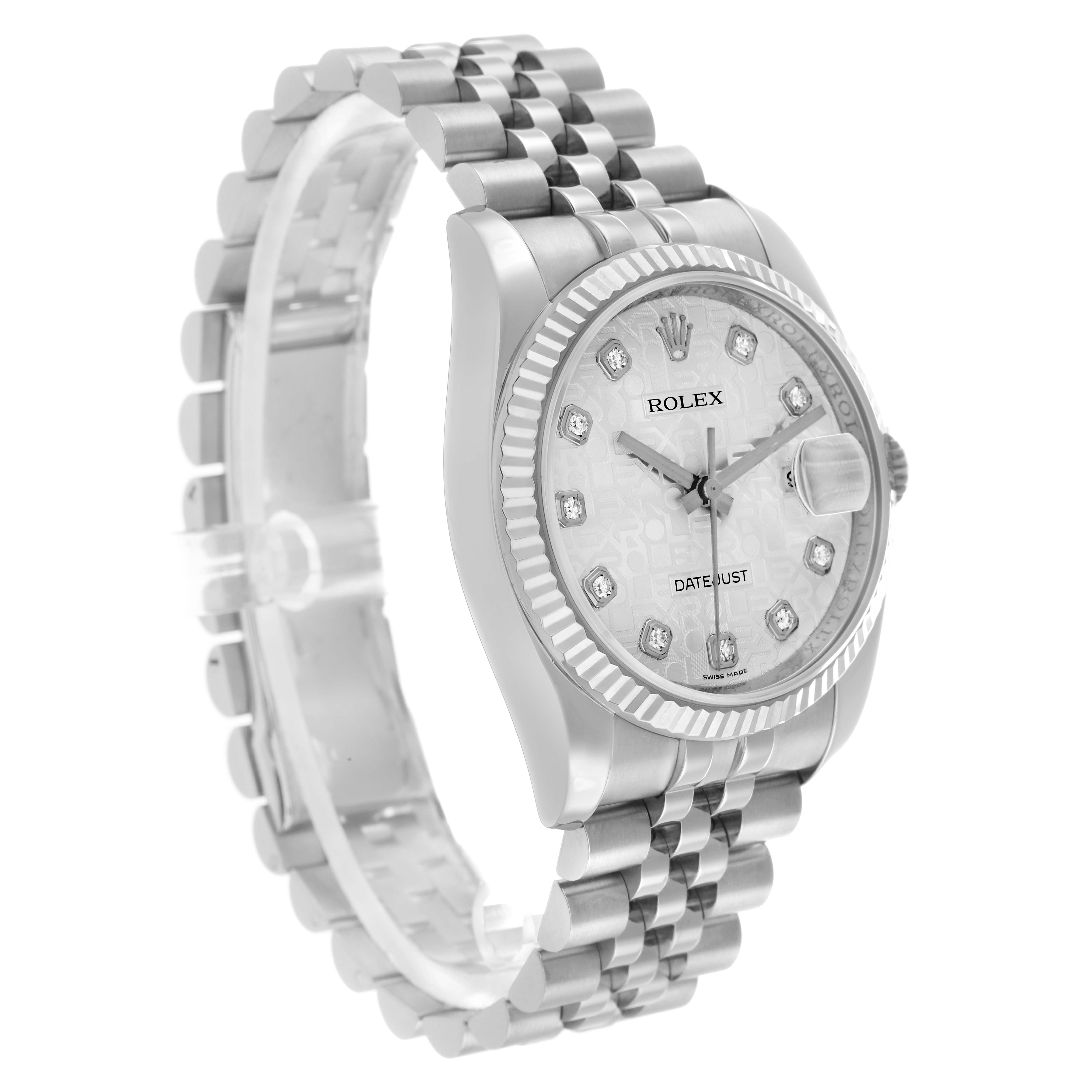 The Rolex Datejust 116234 Men
s Stainless Steel Silver Dial watch is shown at an angle displaying the face, bezel, crown, and bracelet prominently.
