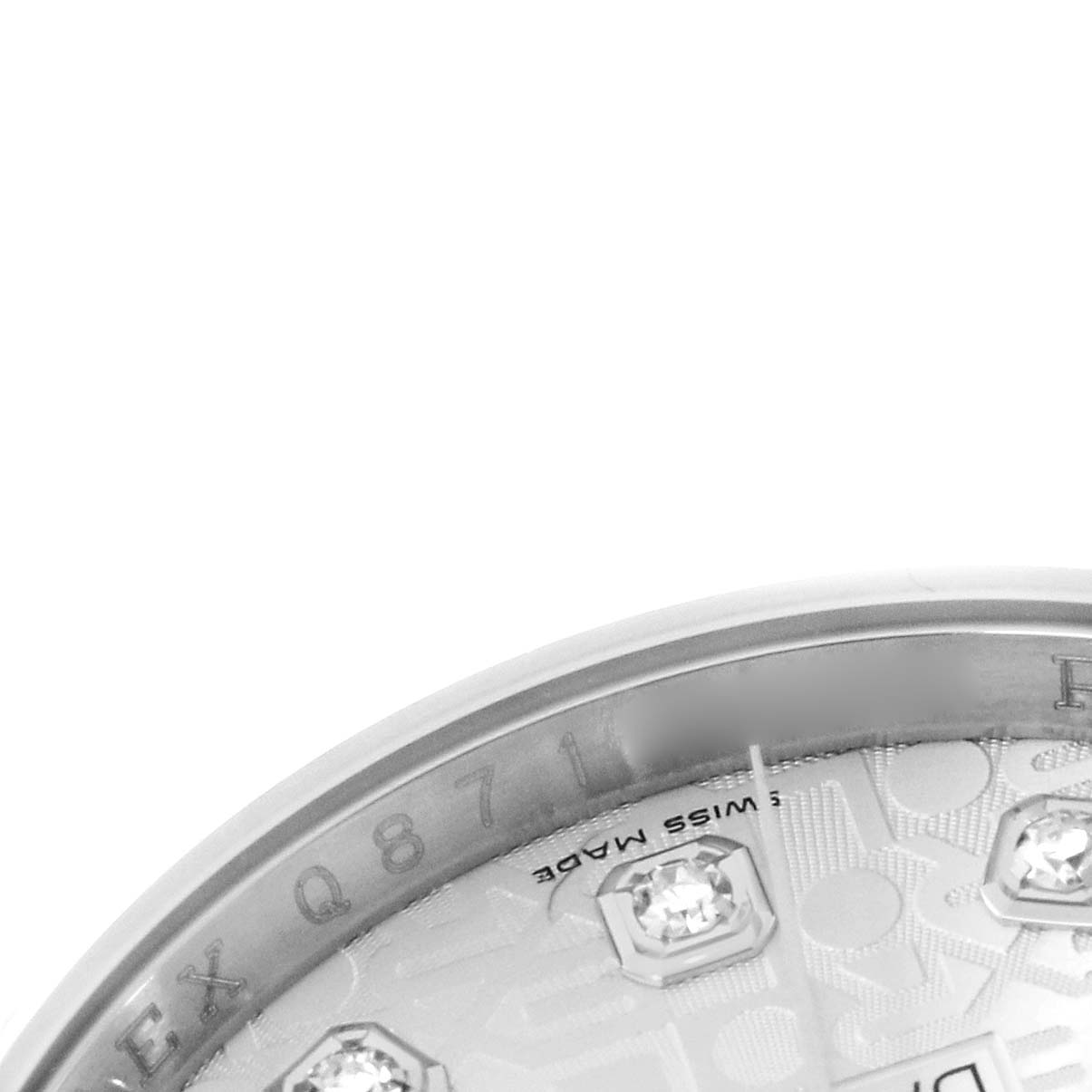 The image shows a close-up of the Rolex Datejust 116234 Men
s Stainless Steel Silver Dial watch face, highlighting the bezel engraving and diamond markers.