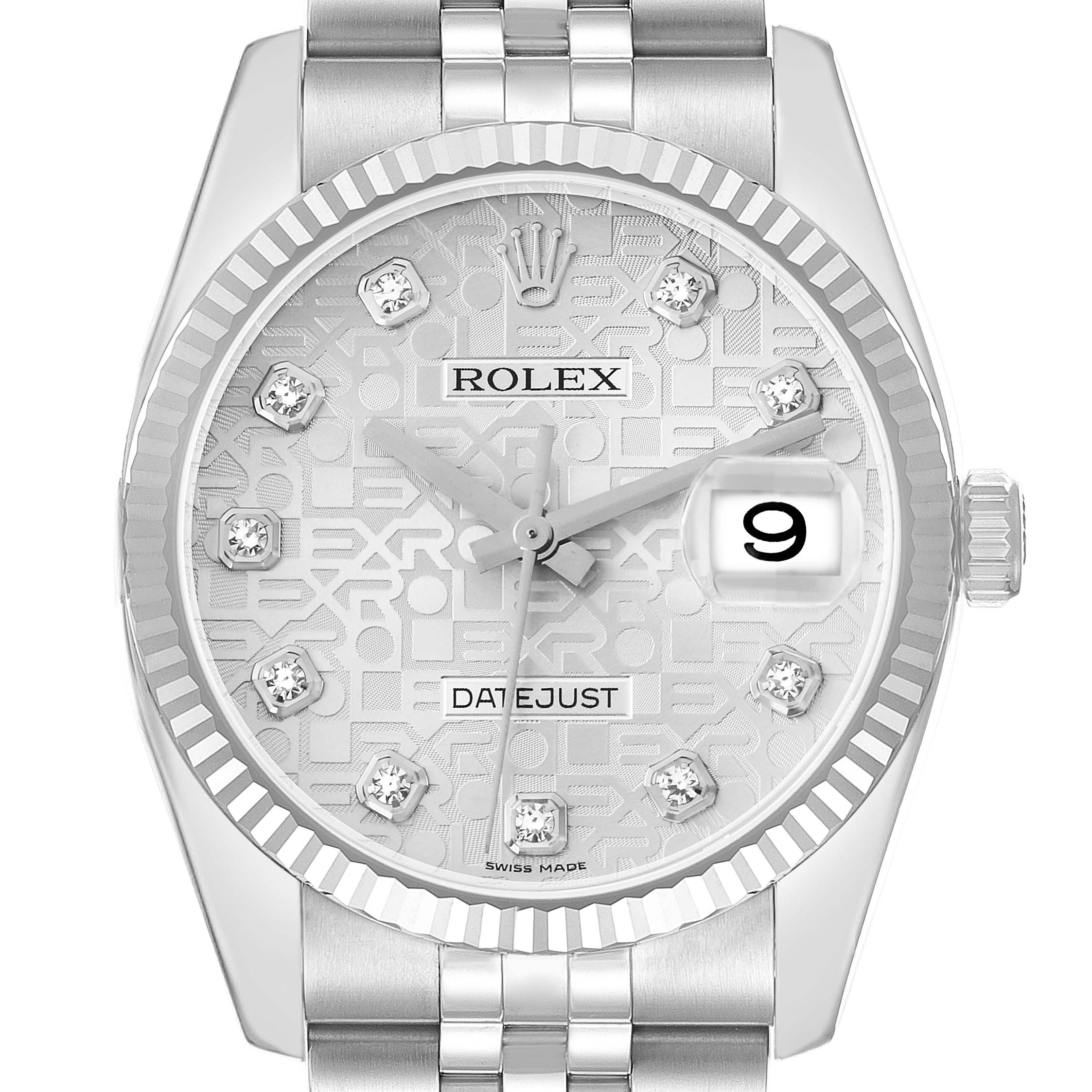 The Rolex Datejust 116234 Men
s Stainless Steel Silver Dial watch is shown from a front angle, highlighting the dial, bezel, and partial bracelet.