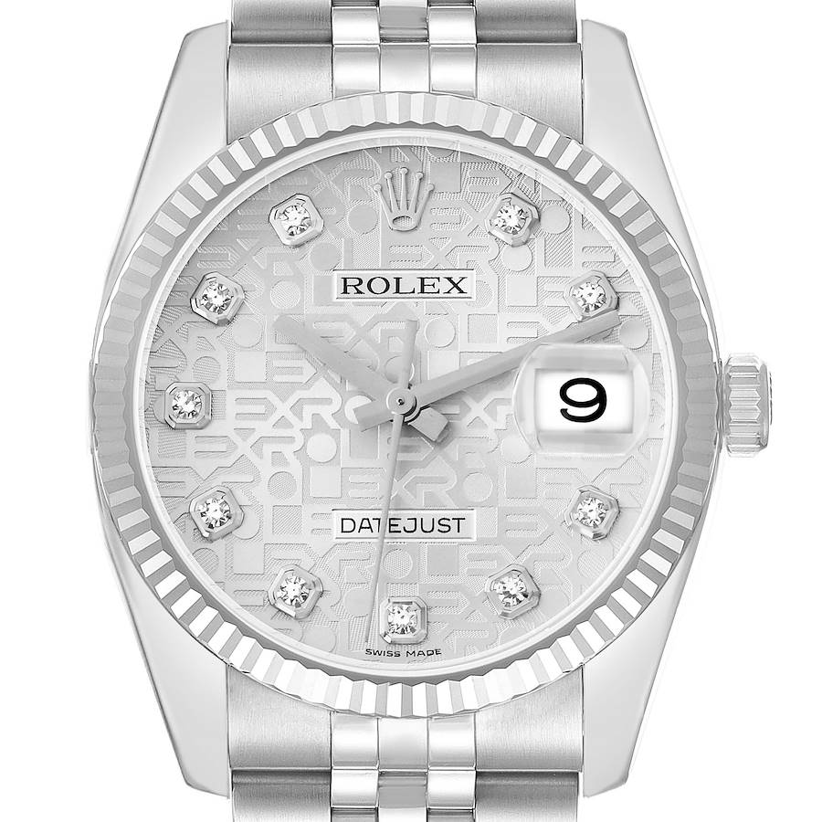 The Rolex Datejust 116234 Men's Stainless Steel Silver Dial watch is shown from a front angle, highlighting the dial, bezel, and partial bracelet.