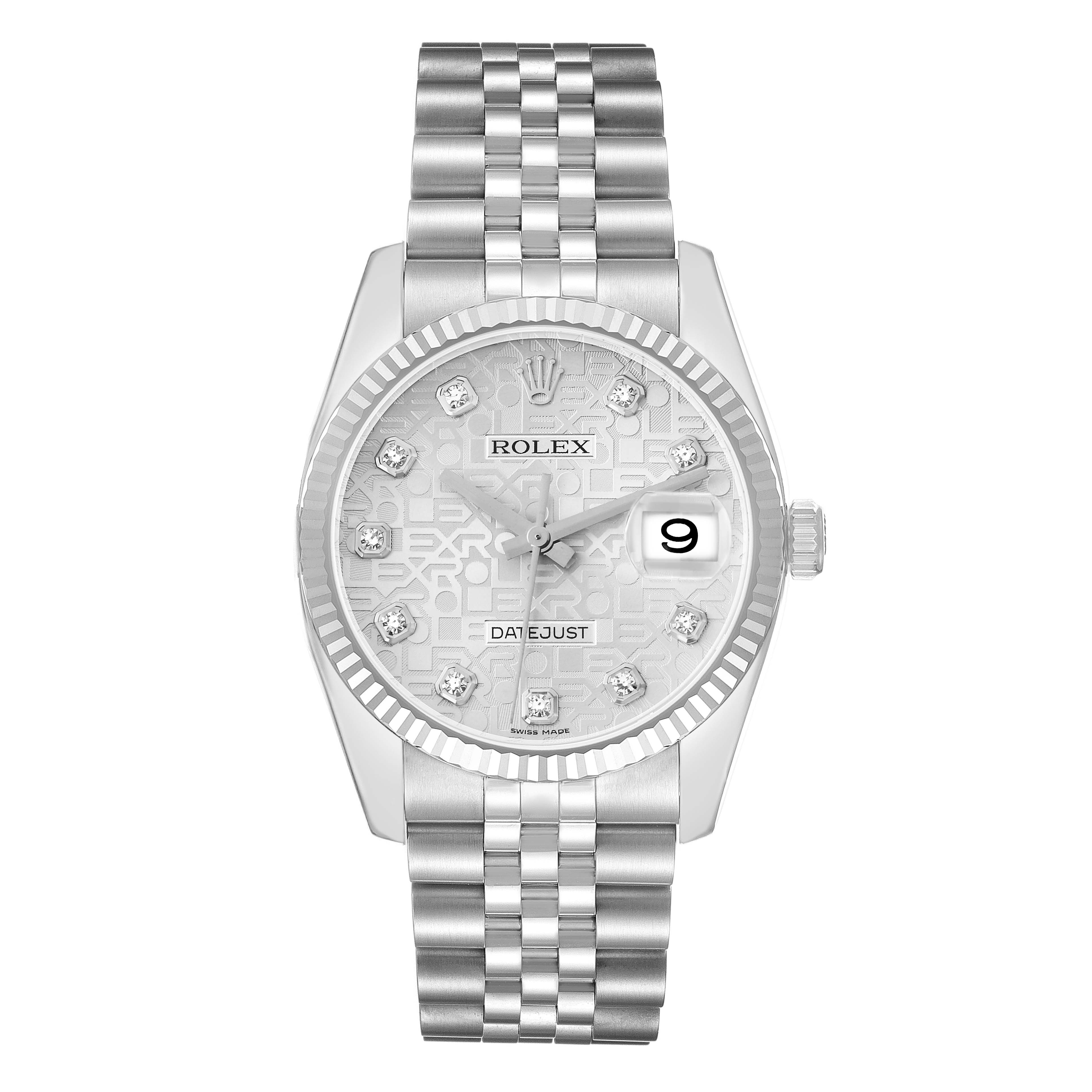 The Rolex Datejust 116234 Men
s Stainless Steel Silver Dial watch is shown from a top-down angle, displaying the dial, bezel, and jubilee bracelet in full view.