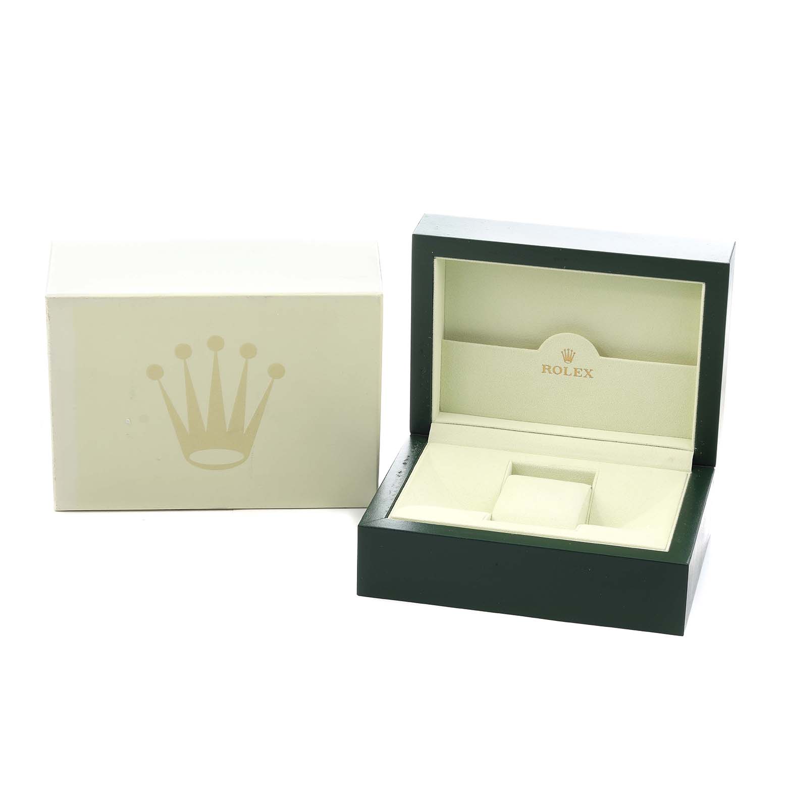 The image shows the open box and outer packaging for a Rolex Datejust 116234 Men
s Stainless Steel Silver Dial watch.