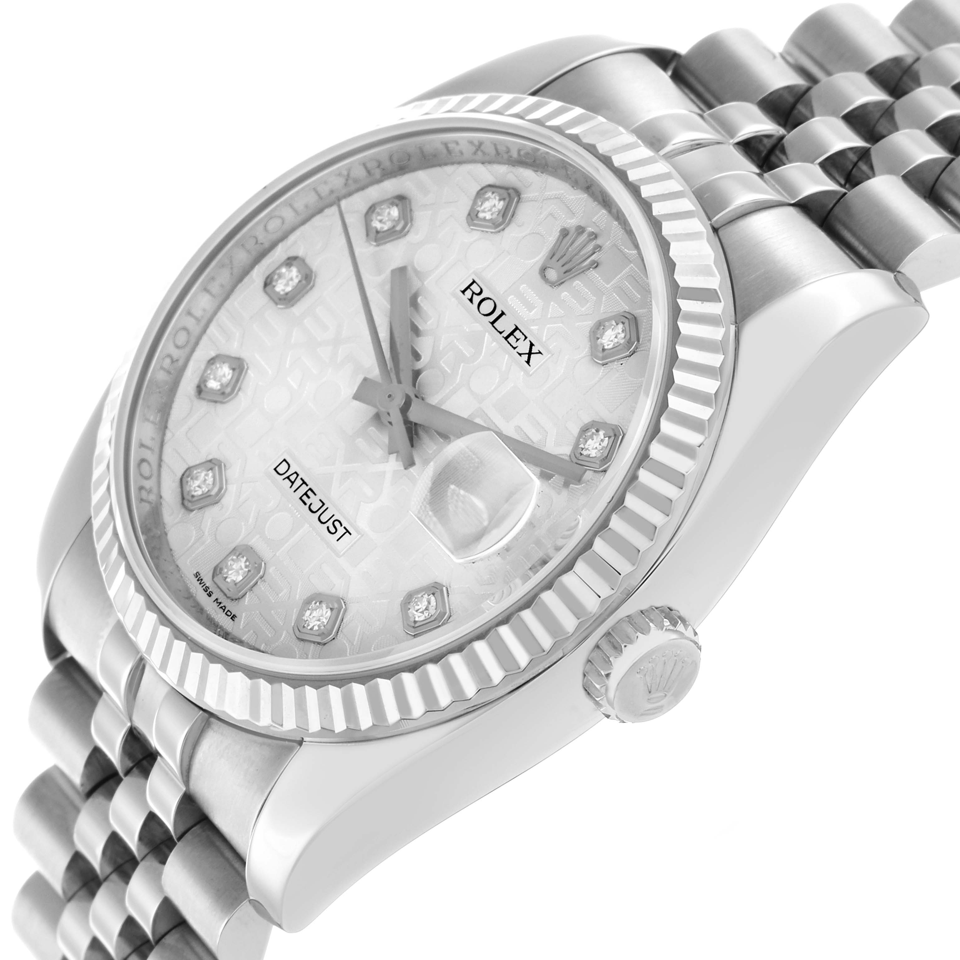 The Rolex Datejust 116234 Men
s Stainless Steel Silver Dial watch is shown from a three-quarter angle, highlighting the dial, fluted bezel, crown, and Jubilee bracelet.