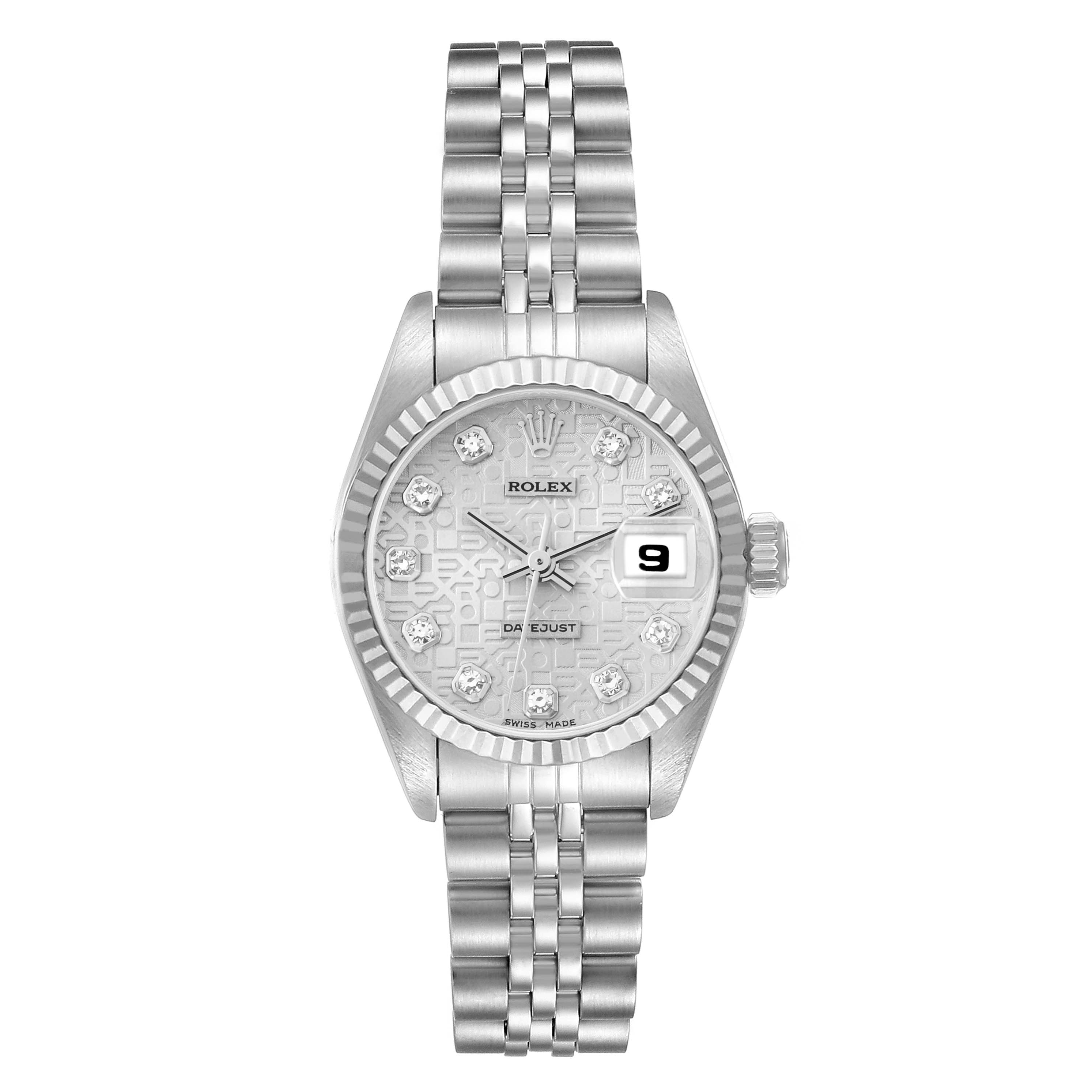 This Rolex Datejust 69174 Women's Stainless Steel Silver Dial watch is shown from the front, highlighting its bezel, dial, hands, date window, and bracelet.