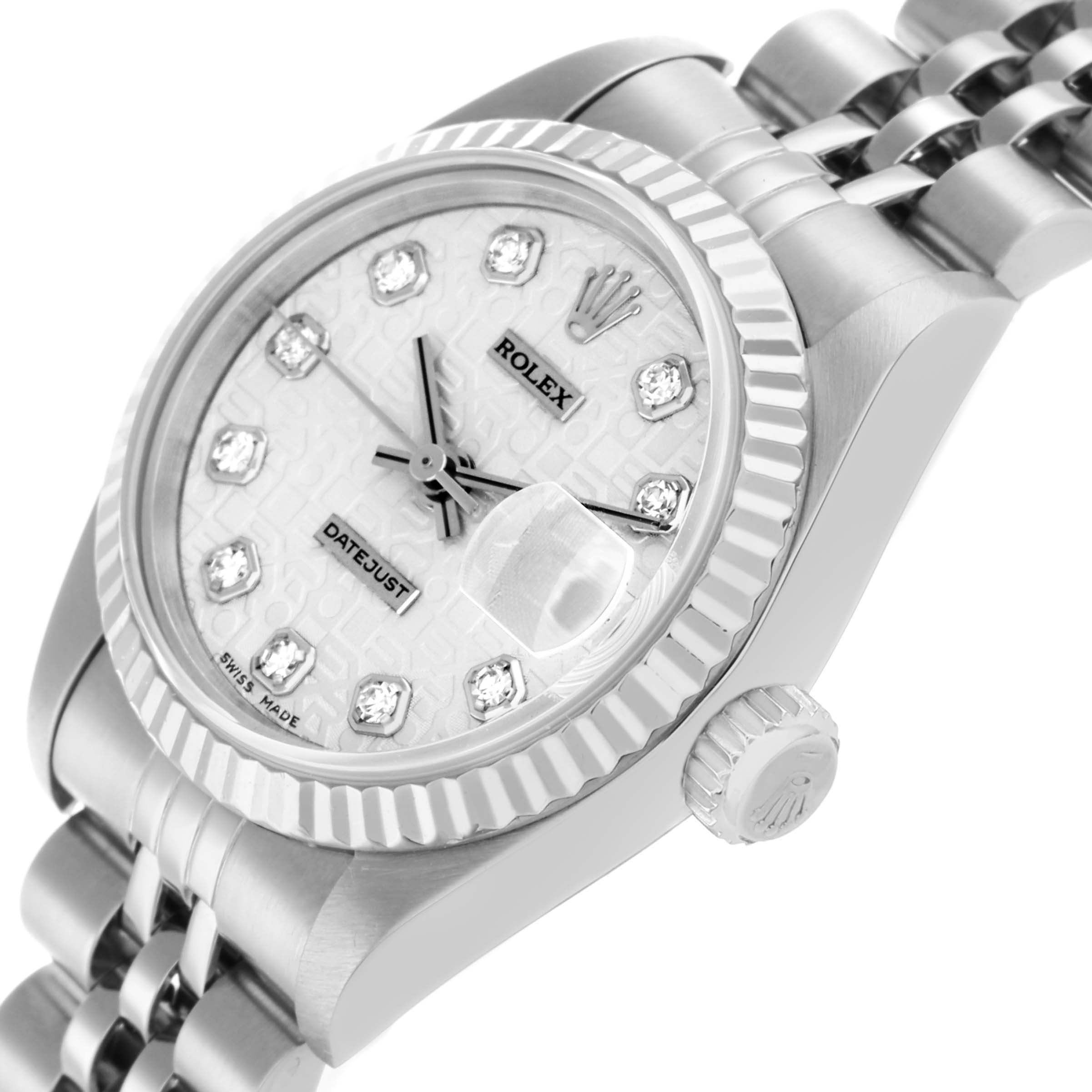 The Rolex Datejust 69174 Women's Stainless Steel Silver Dial watch is shown at a slight angle, displaying the dial, fluted bezel, crown, and part of the bracelet.
