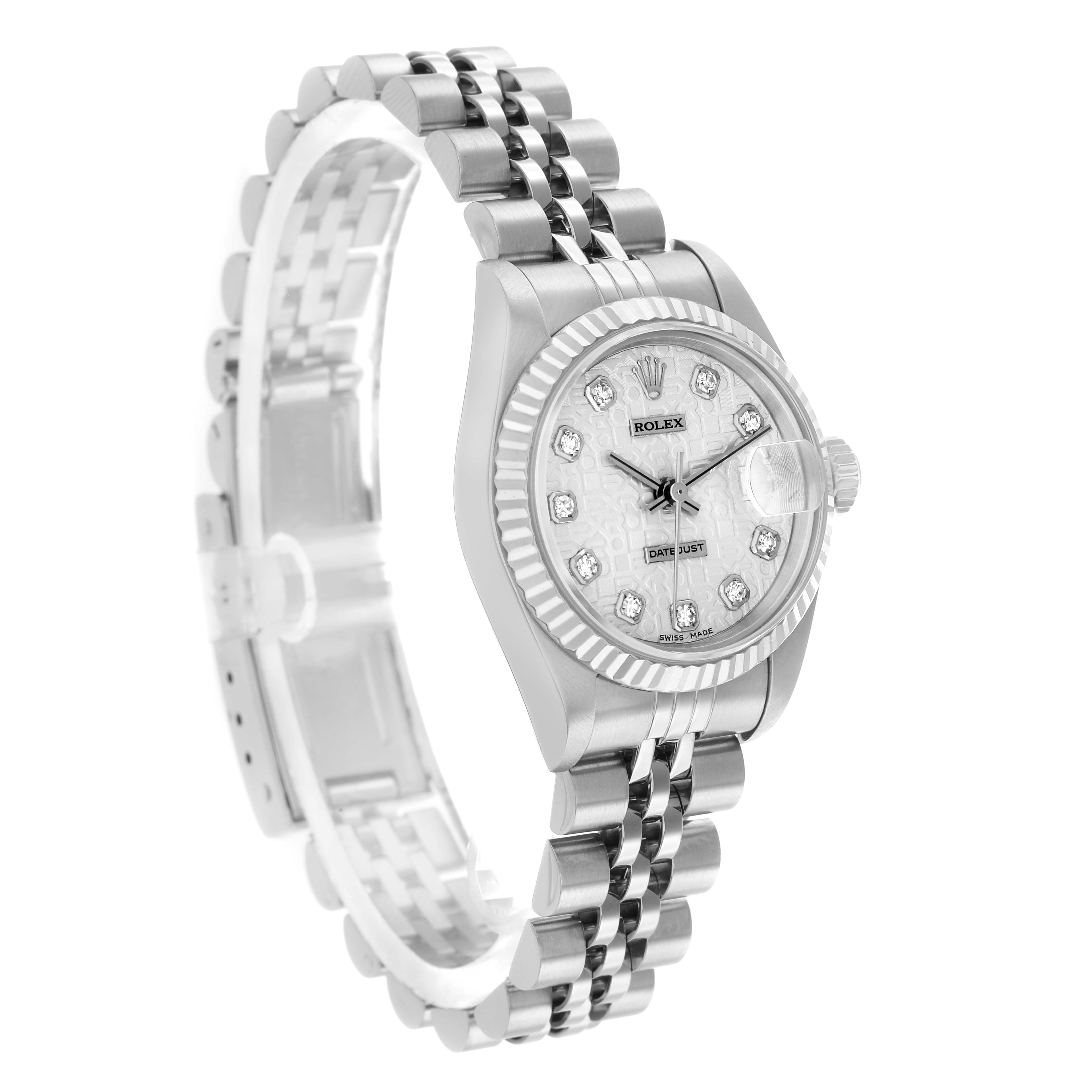 The Rolex Datejust 69174 Women's Stainless Steel Silver Dial watch is shown from a three-quarter angle, displaying the face, bezel, crown, and bracelet.