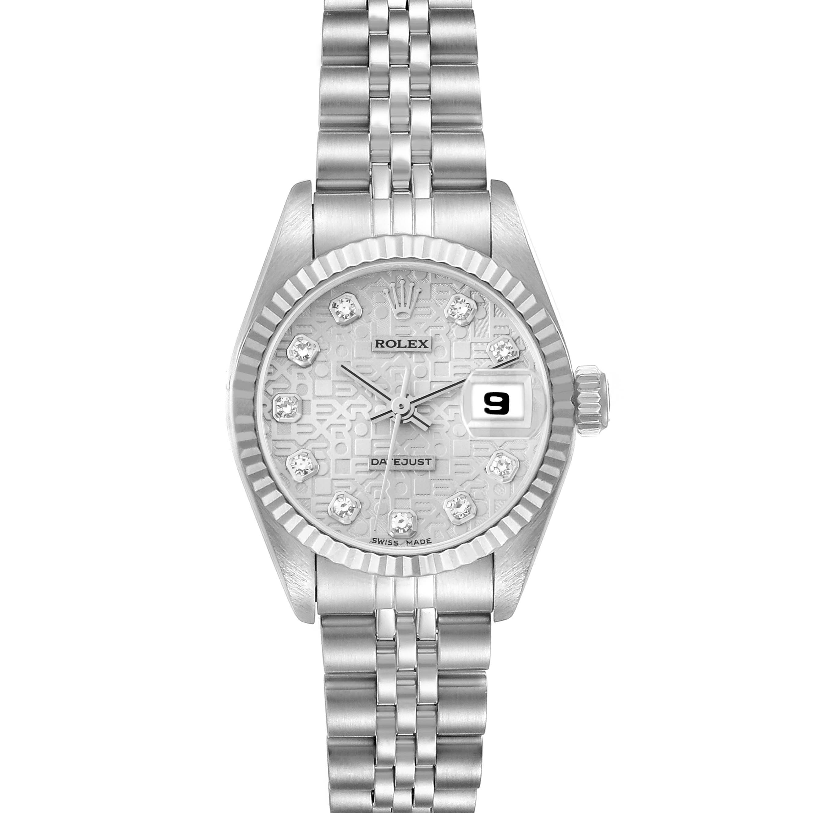 The Rolex Datejust 69174 Women's Stainless Steel Silver Dial watch is shown from a top-down angle, highlighting the dial, bezel, bracelet, and date window.