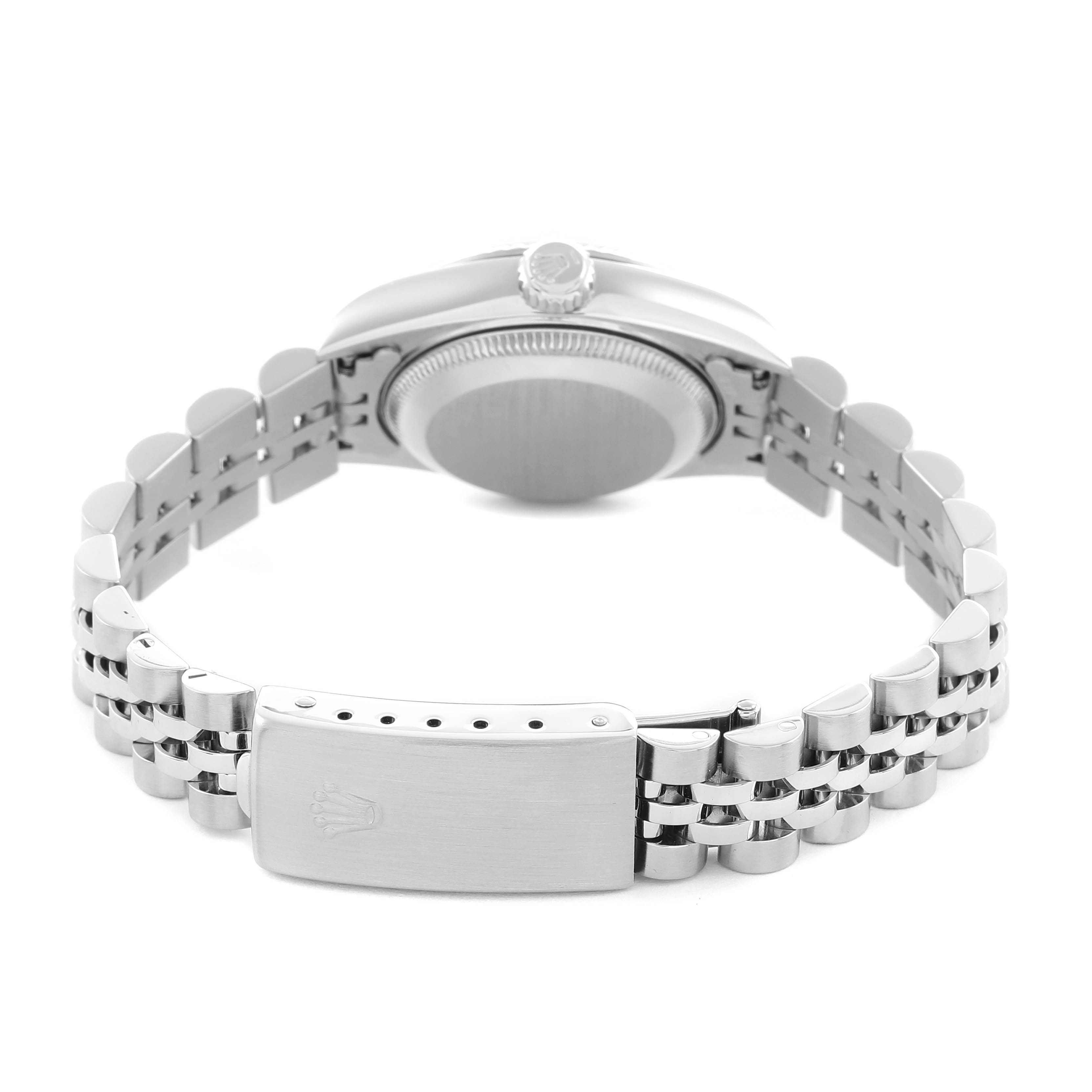 The image shows a Rolex Datejust 69174 Women's Stainless Steel Silver Dial watch from the back, highlighting the bracelet and clasp.