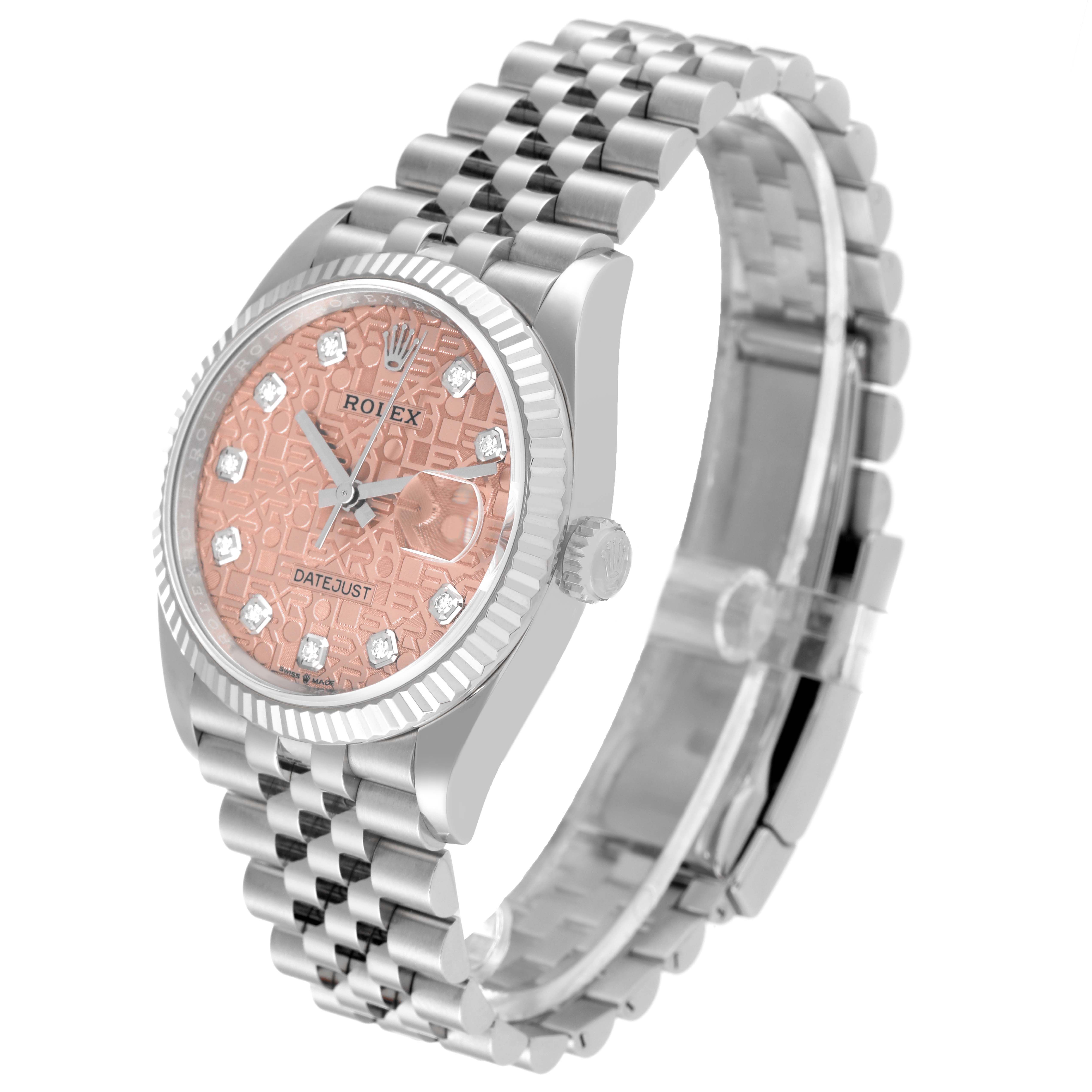 The image shows the Rolex Datejust 126234 Men's Stainless Steel Pink Dial 126234 Men's Stainless Steel Pink Dial model from an angled side view, highlighting the watch face, case, crown, and Jubilee bracelet.