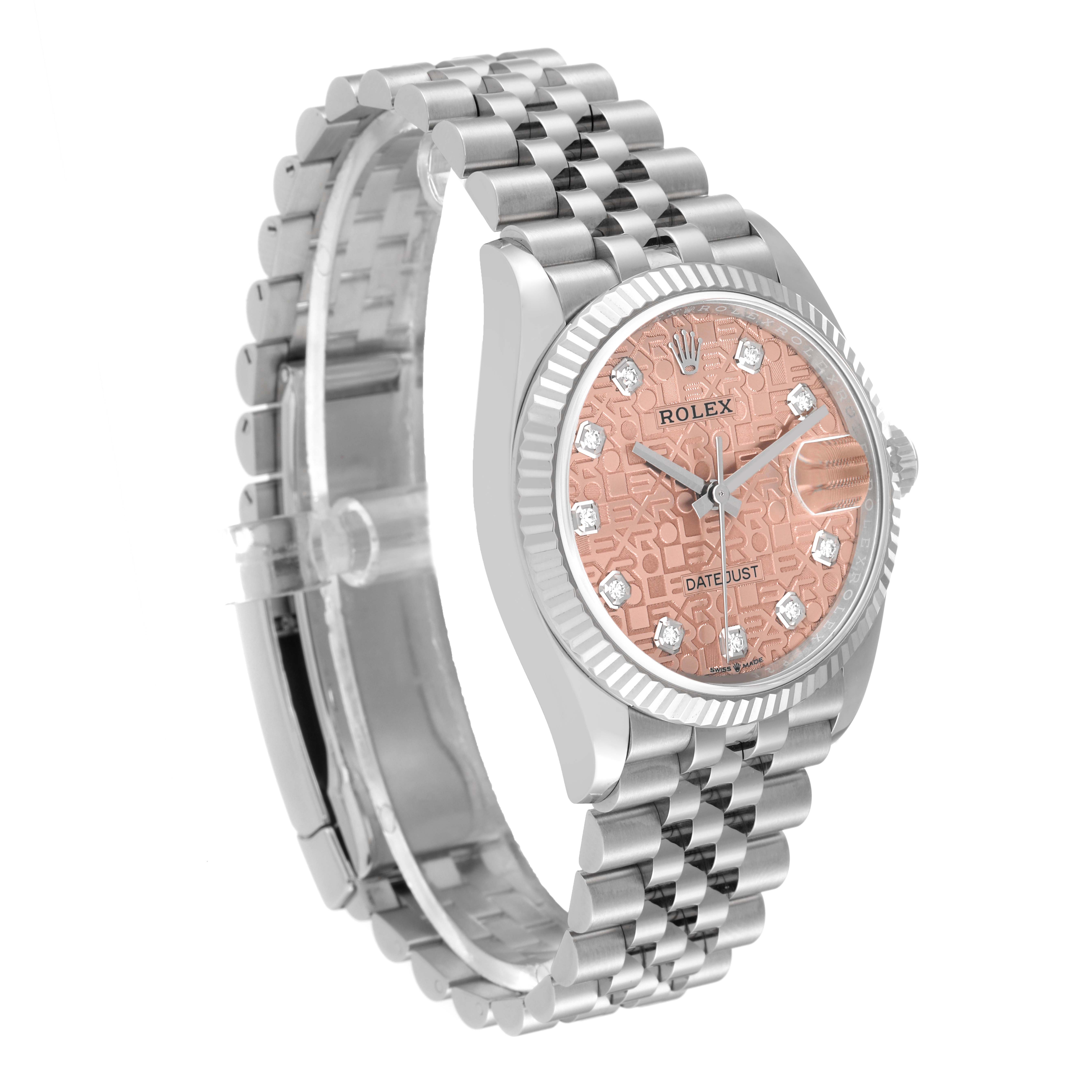 This image displays a Rolex Datejust 126234 Men's Stainless Steel Pink Dial 126234 Men's Stainless Steel Pink Dial watch at a three-quarter angle, showing its dial, bezel, and bracelet.