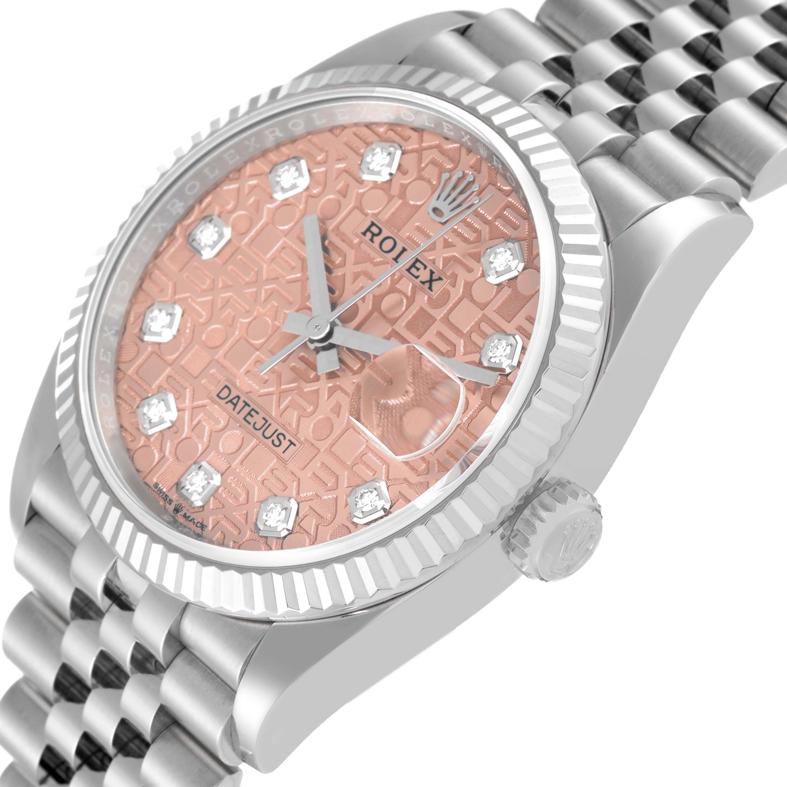 The image shows a Rolex Datejust 126234 Men's Stainless Steel Pink Dial 126234 Men's Stainless Steel Pink Dial watch at an oblique angle featuring the dial, bezel, crown, and part of the bracelet.