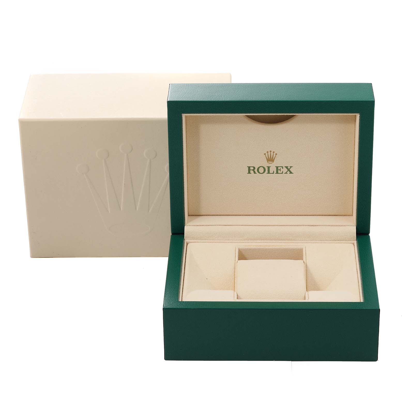 The image shows an open green and beige Rolex Datejust 126234 Men's Stainless Steel Pink Dial 126234 Men's Stainless Steel Pink Dial watch box with the lid and inner compartments visible.
