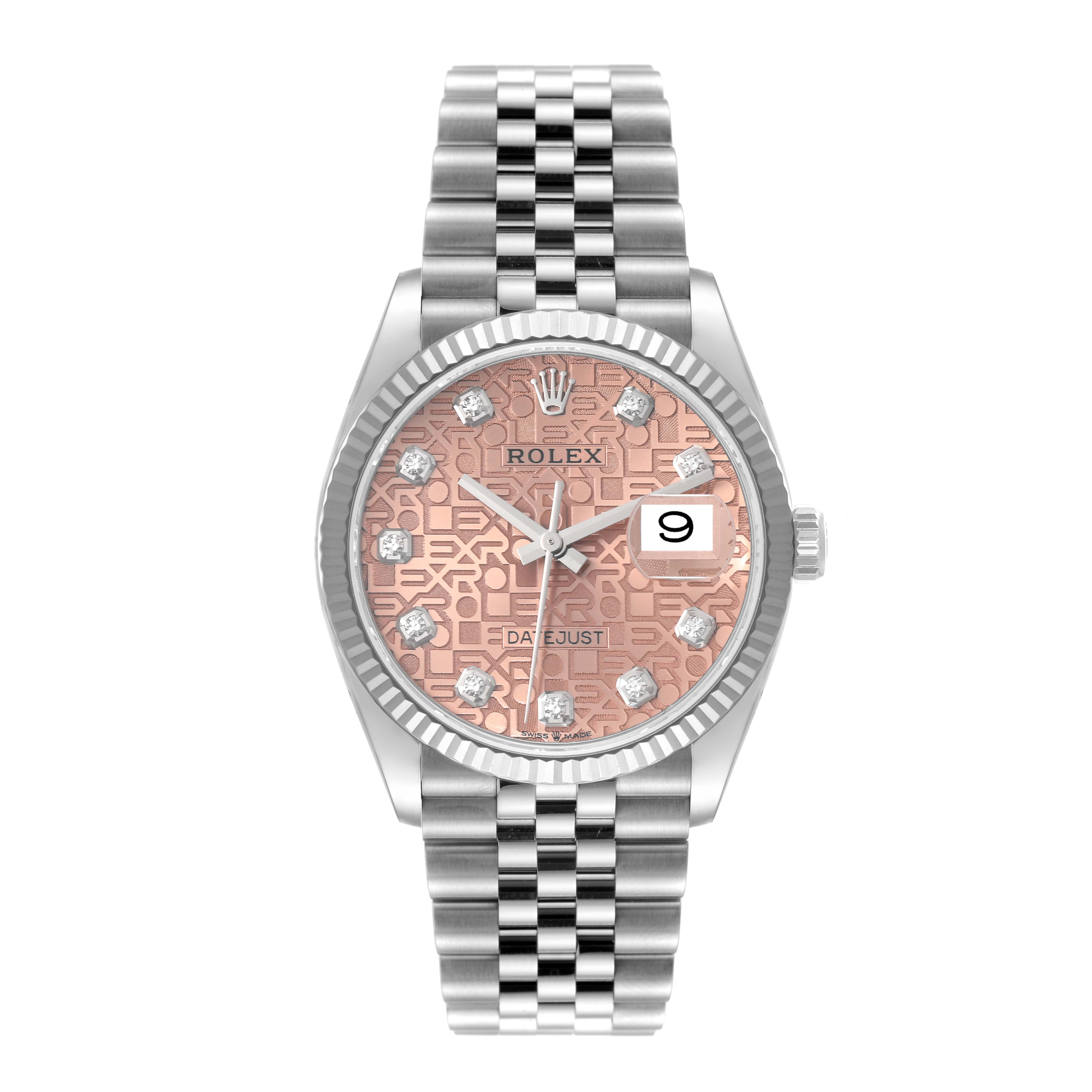 This Rolex Datejust 126234 Men's Stainless Steel Pink Dial 126234 Men's Stainless Steel Pink Dial watch is shown from a frontal angle, displaying the dial, bezel, and bracelet.
