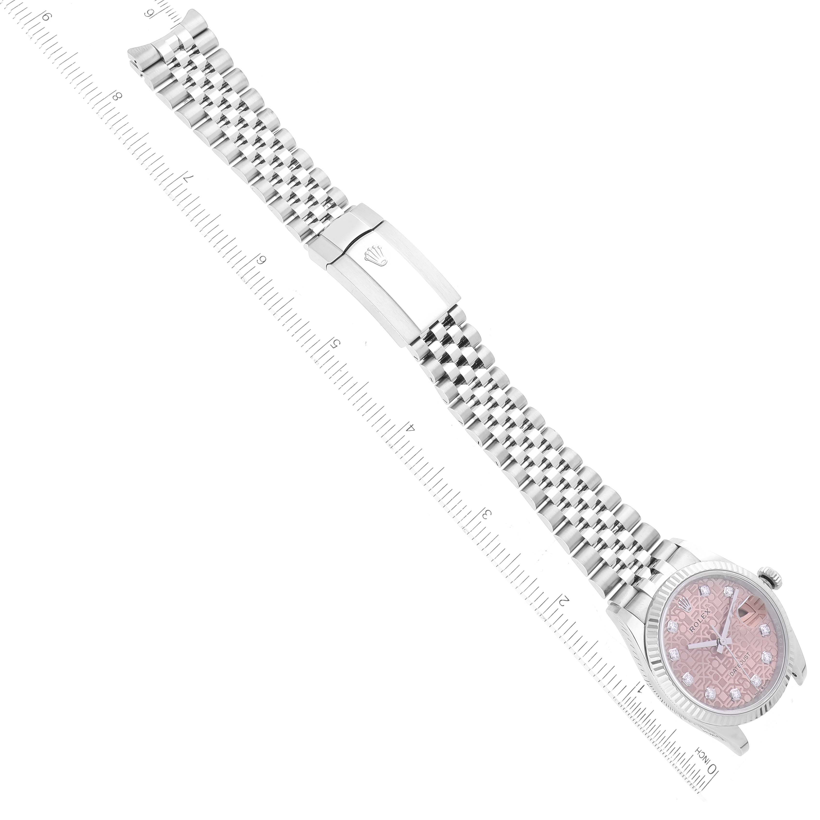 The image shows a Rolex Datejust 126234 Men's Stainless Steel Pink Dial 126234 Men's Stainless Steel Pink Dial watch laid flat, displaying the face, bracelet, and clasp at a top-down angle.