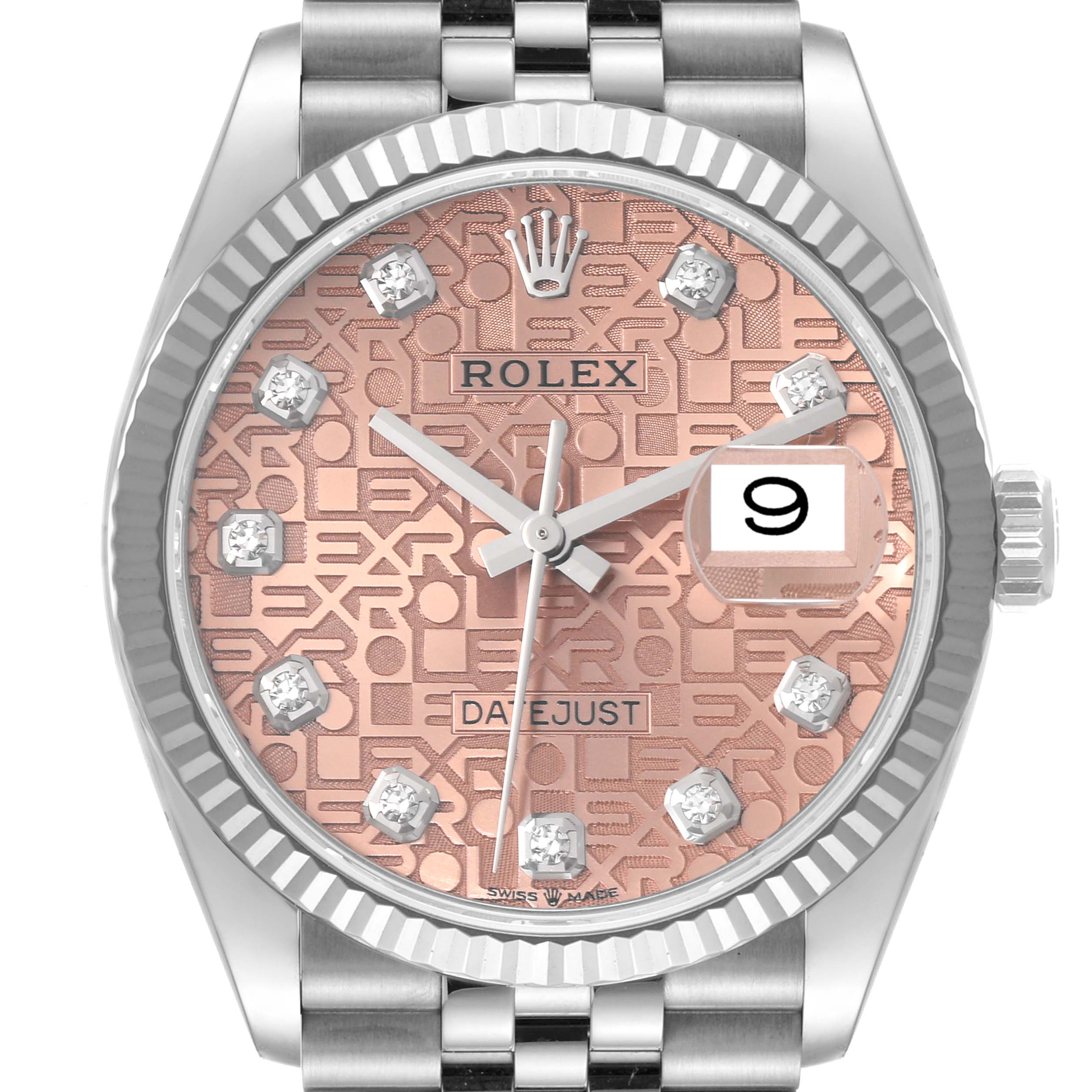 The image shows a close-up of the face and part of the bracelet of a Rolex Datejust 126234 Men's Stainless Steel Pink Dial 126234 Men's Stainless Steel Pink Dial watch.