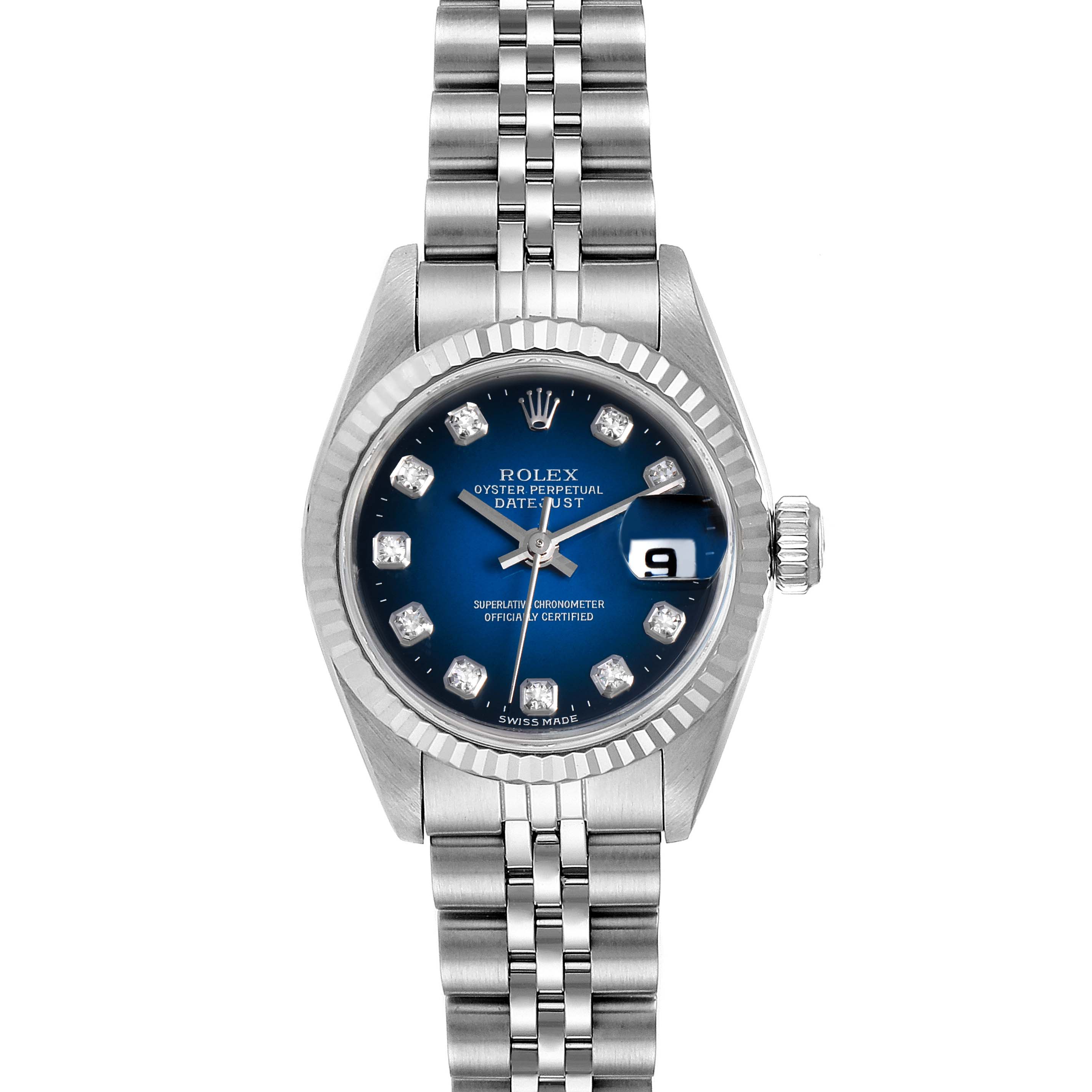 The image shows a front view of a Rolex Datejust 69174 Women's Stainless Steel Blue Dial 69174 Women's Stainless Steel Blue Dial watch, featuring a blue dial and a Jubilee bracelet.