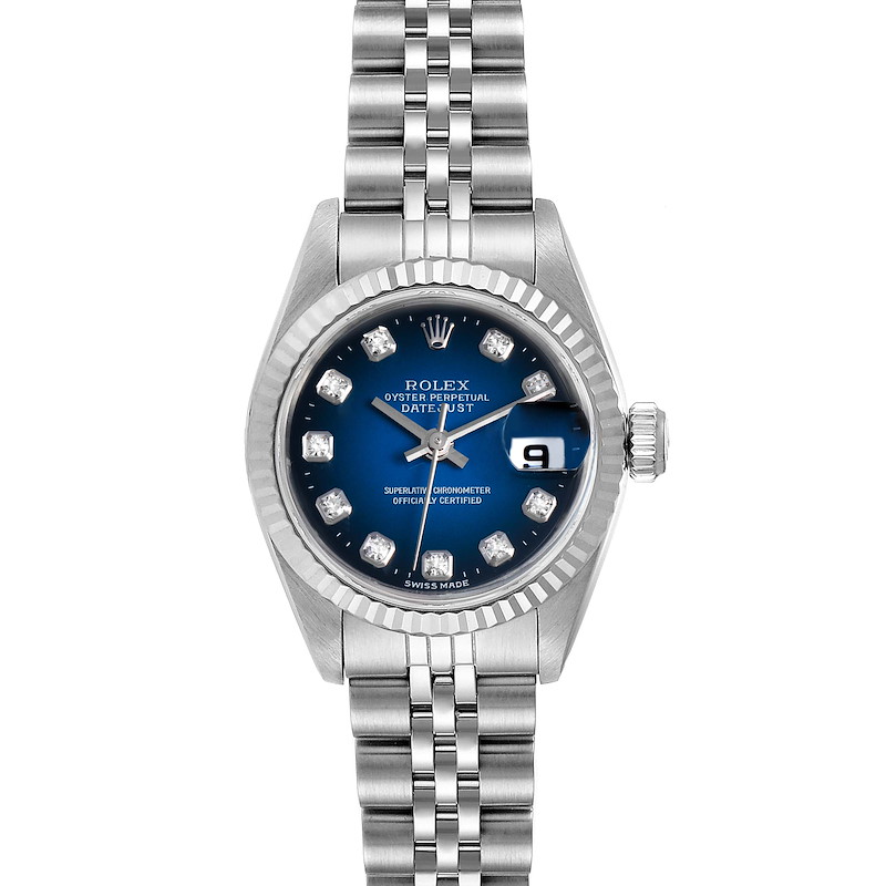 Rolex Datejust Steel White Gold Blue Vignette Diamond Ladies Watch 69174 SwissWatchExpo