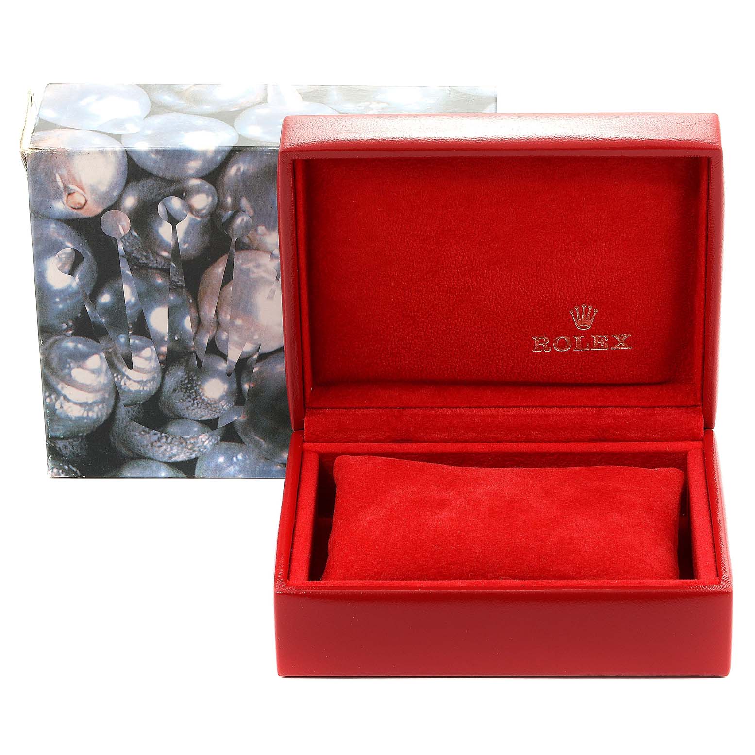 This image shows a red Rolex Datejust 69174 Women's Stainless Steel Blue Dial 69174 Women's Stainless Steel Blue Dial watch box with a cushion and an outer decorative box.