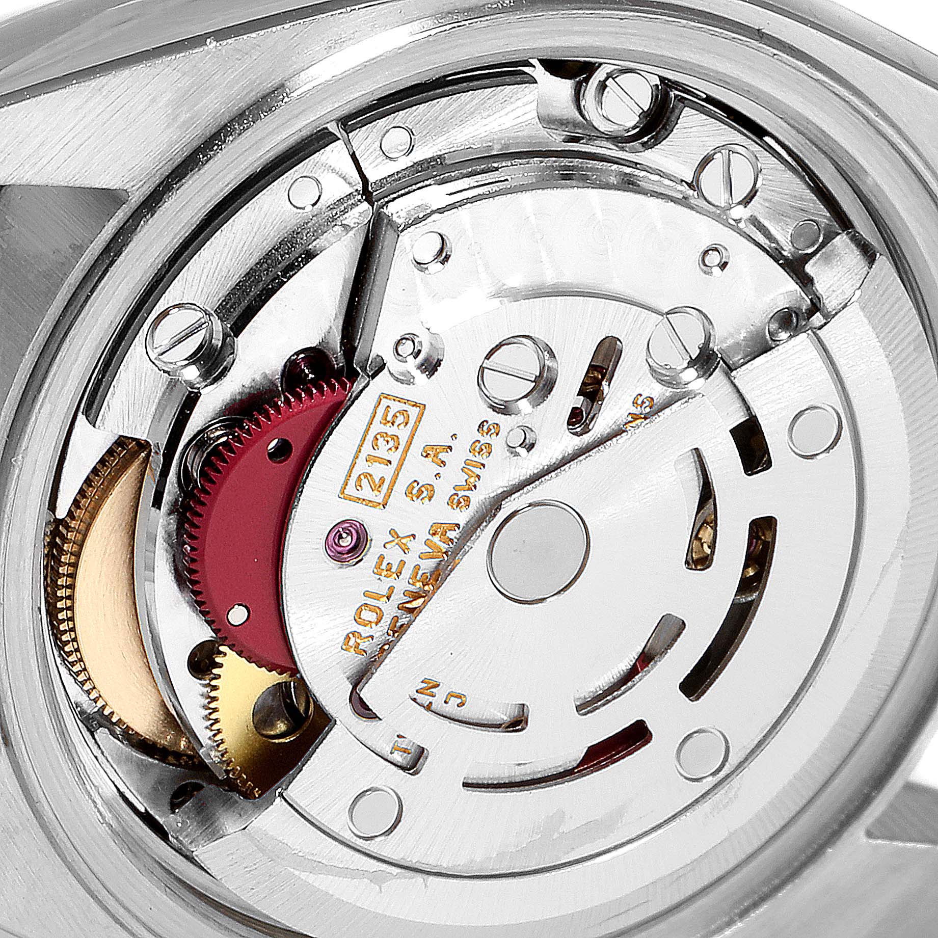 This image shows a close-up, angled view of the internal mechanism of a Rolex Datejust 69174 Women's Stainless Steel Blue Dial 69174 Women's Stainless Steel Blue Dial watch.