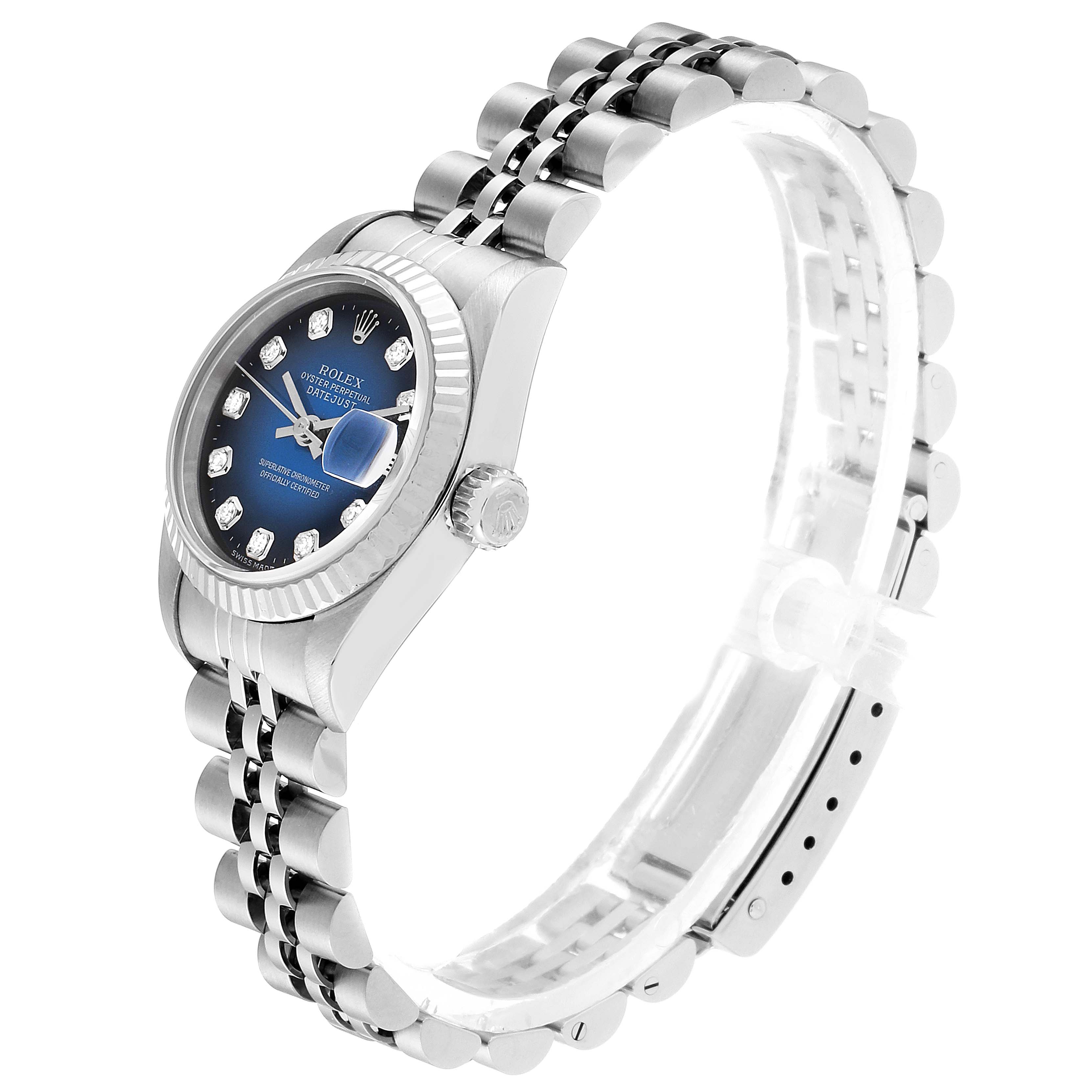 The image shows a Rolex Datejust 69174 Women's Stainless Steel Blue Dial 69174 Women's Stainless Steel Blue Dial watch at a slight side angle, displaying the face, bezel, crown, and bracelet.