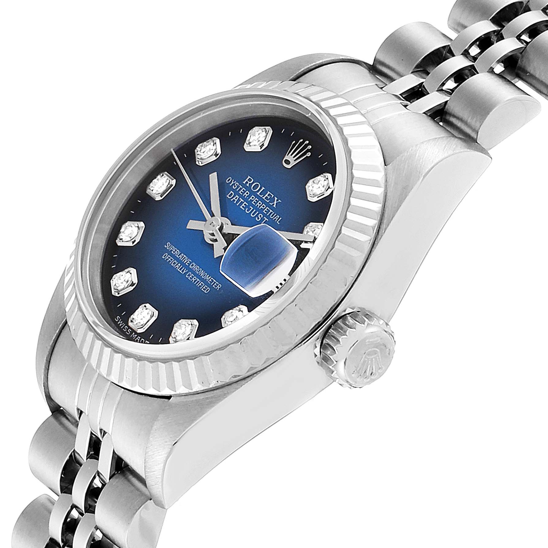 The image shows a side angle of a Rolex Datejust 69174 Women's Stainless Steel Blue Dial 69174 Women's Stainless Steel Blue Dial watch, highlighting the dial, bezel, crown, and bracelet.