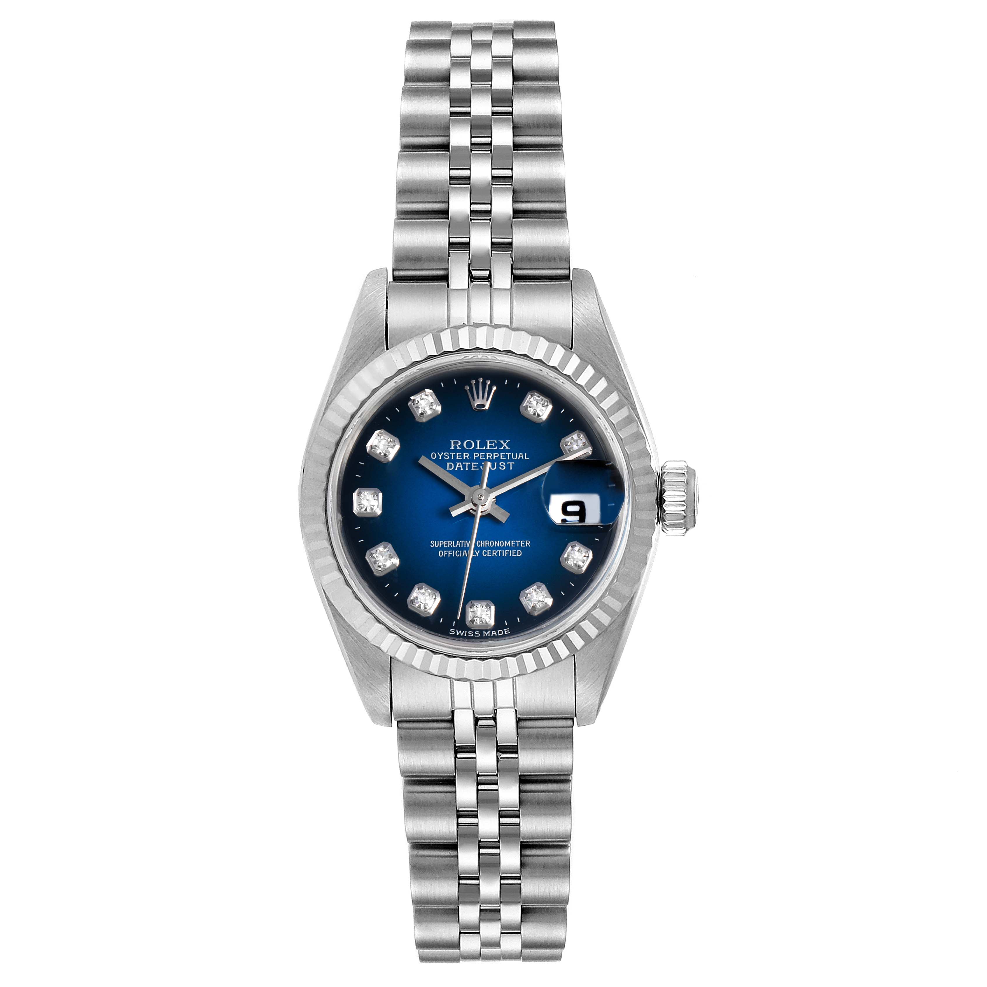 This image shows a frontal view of a Rolex Datejust 69174 Women's Stainless Steel Blue Dial 69174 Women's Stainless Steel Blue Dial watch, featuring its bracelet, blue dial, date window, and diamond hour markers.