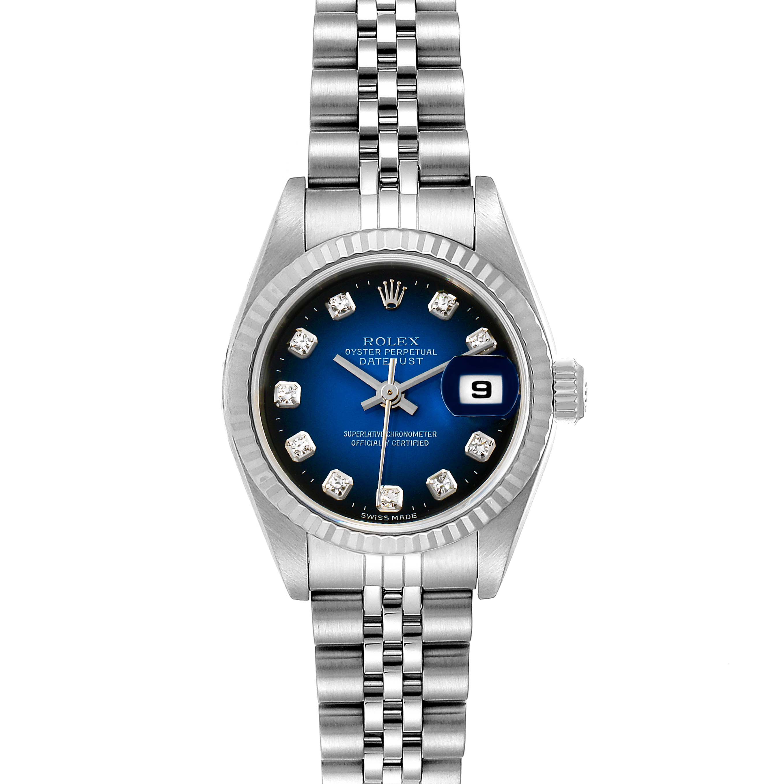 The image shows the front view of a Rolex Datejust 79174 Women's Stainless Steel Blue Dial 79174 Women's Stainless Steel Blue Dial watch, featuring its dial, bezel, and jubilee bracelet.