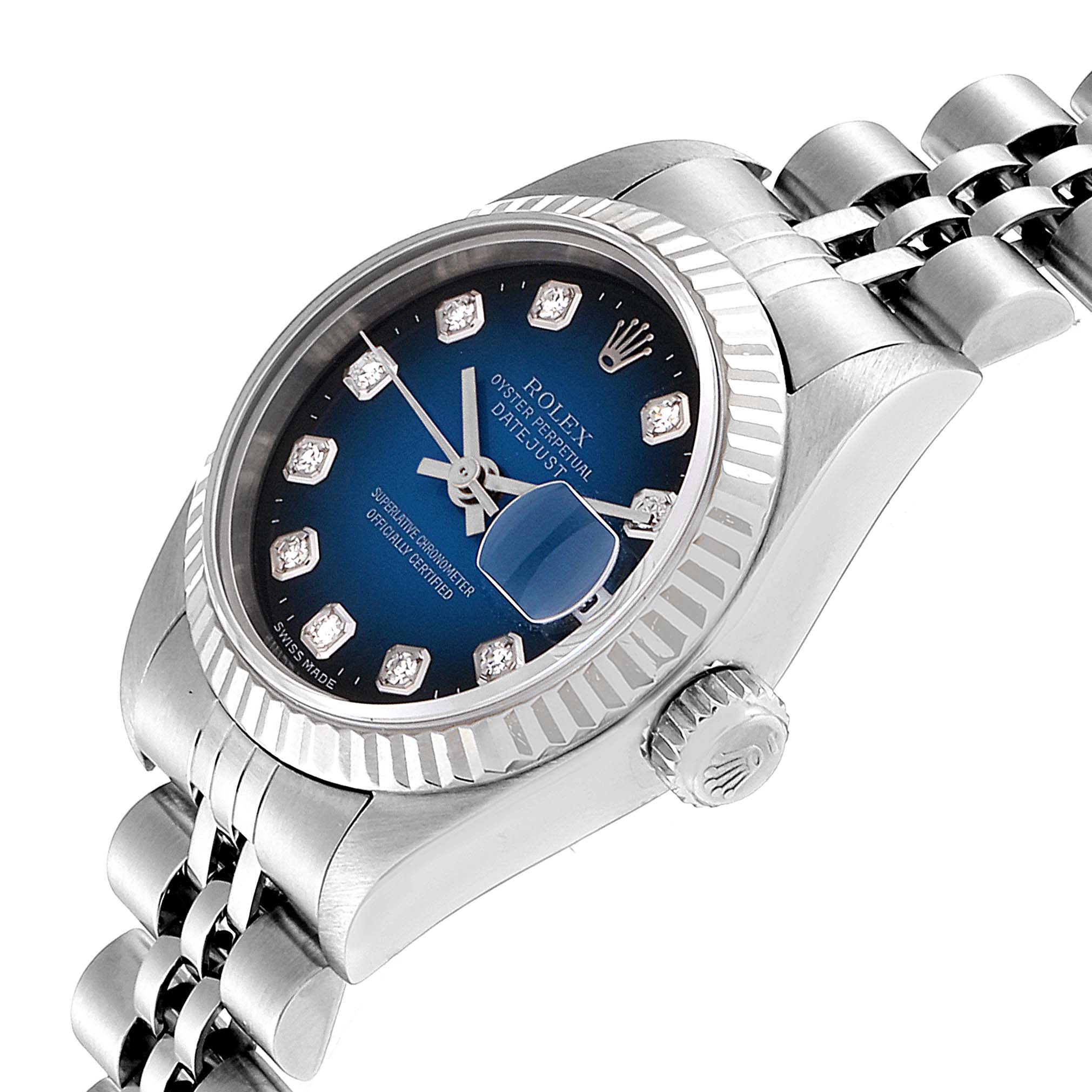 This image shows a Rolex Datejust 79174 Women's Stainless Steel Blue Dial 79174 Women's Stainless Steel Blue Dial watch at an angle, highlighting the face, bezel, crown, and part of the bracelet.